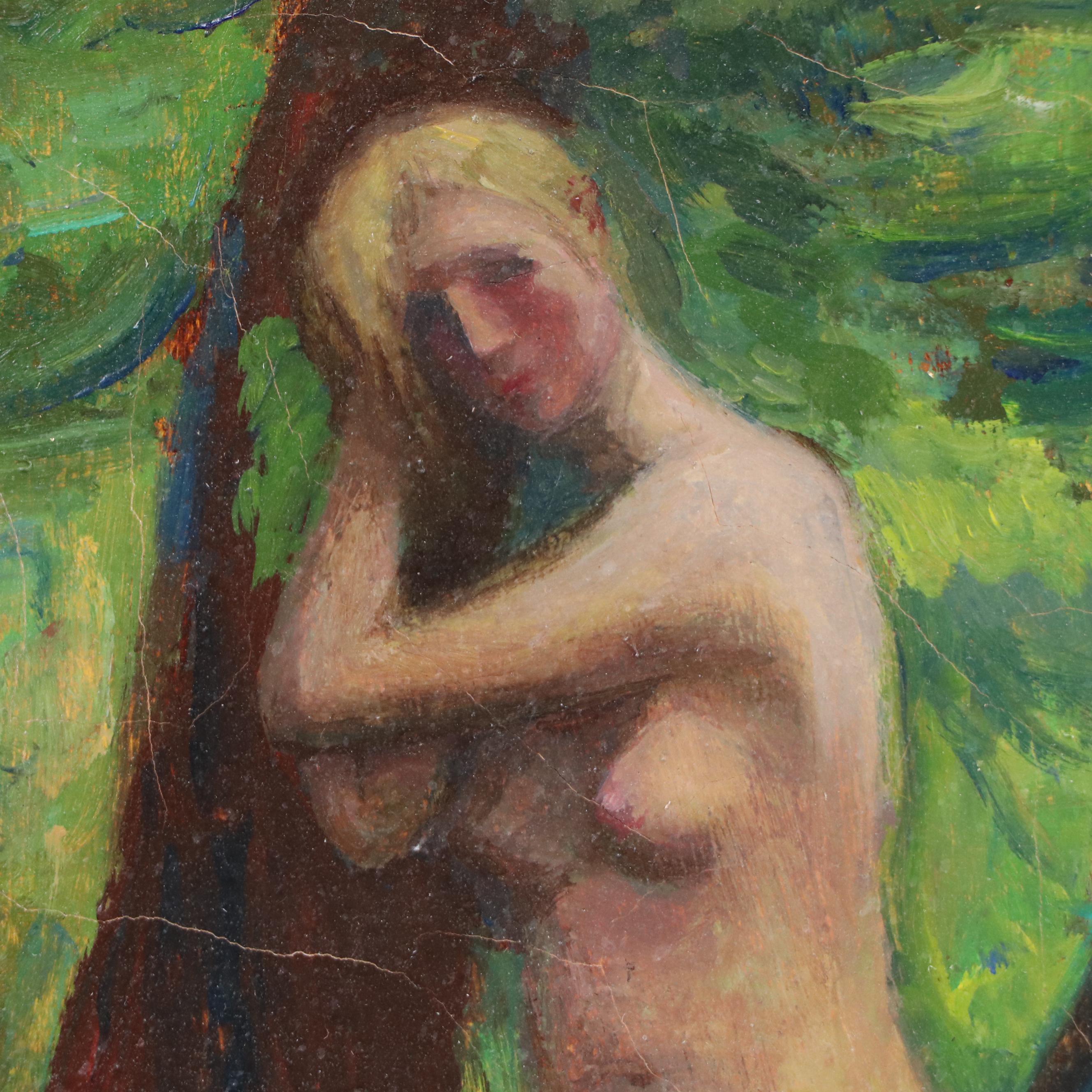 Wooded Landscape Oil Painting of Nude Woman in Foliage, Circa 2000
