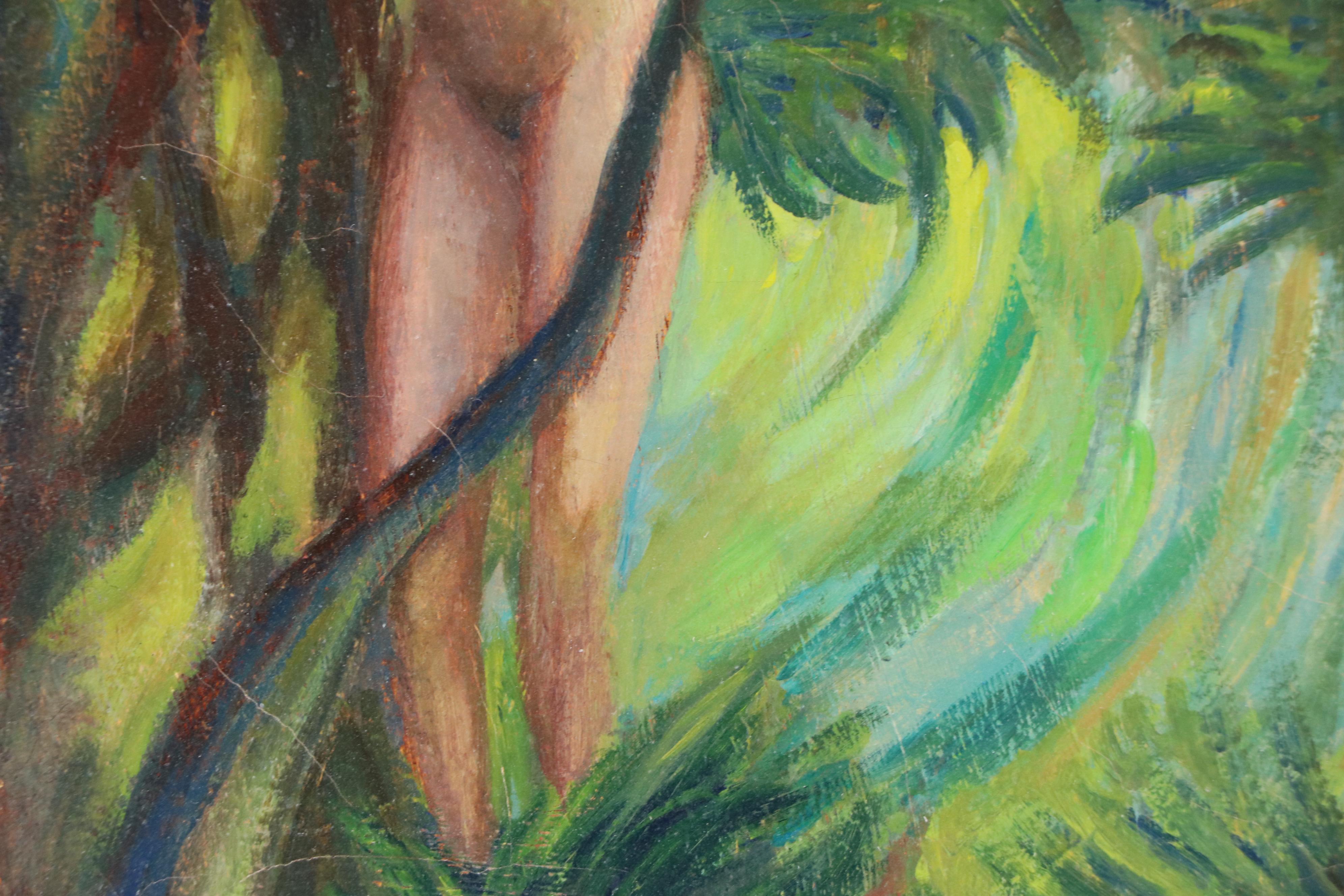 Wooded Landscape Oil Painting of Nude Woman in Foliage, Circa 2000