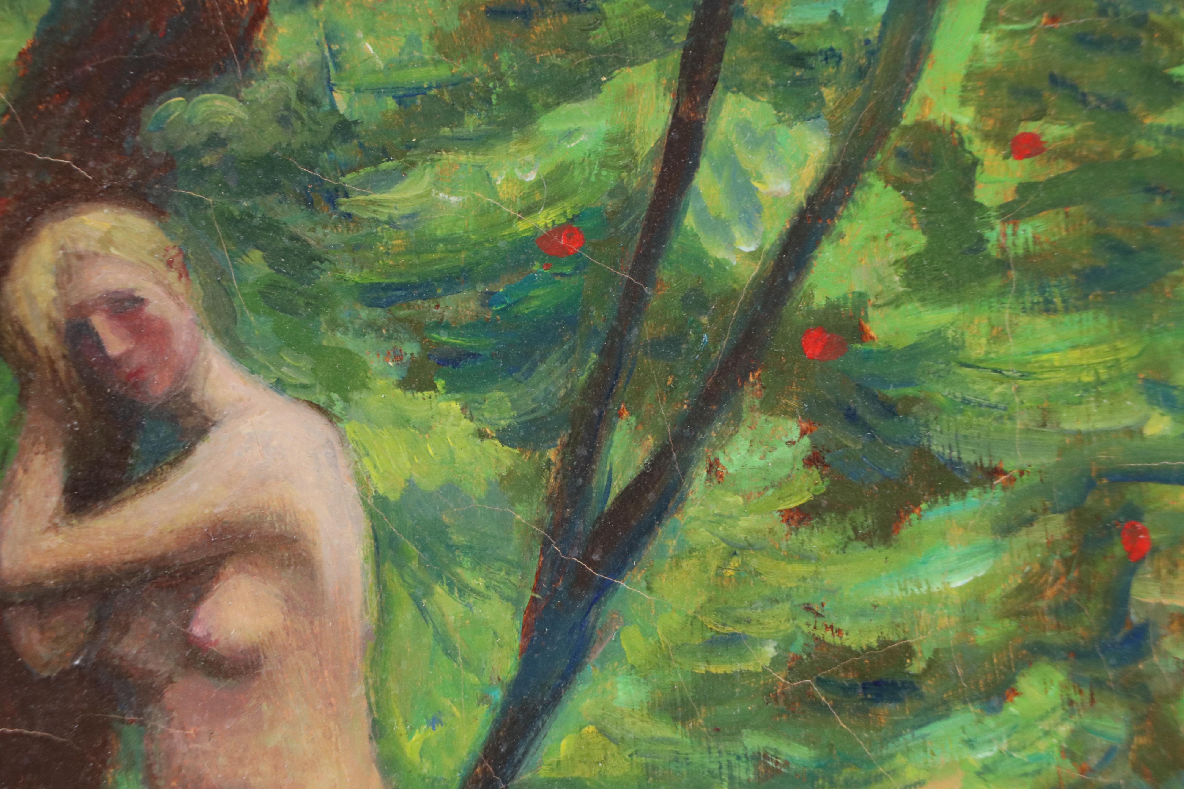 Wooded Landscape Oil Painting of Nude Woman in Foliage, Circa 2000