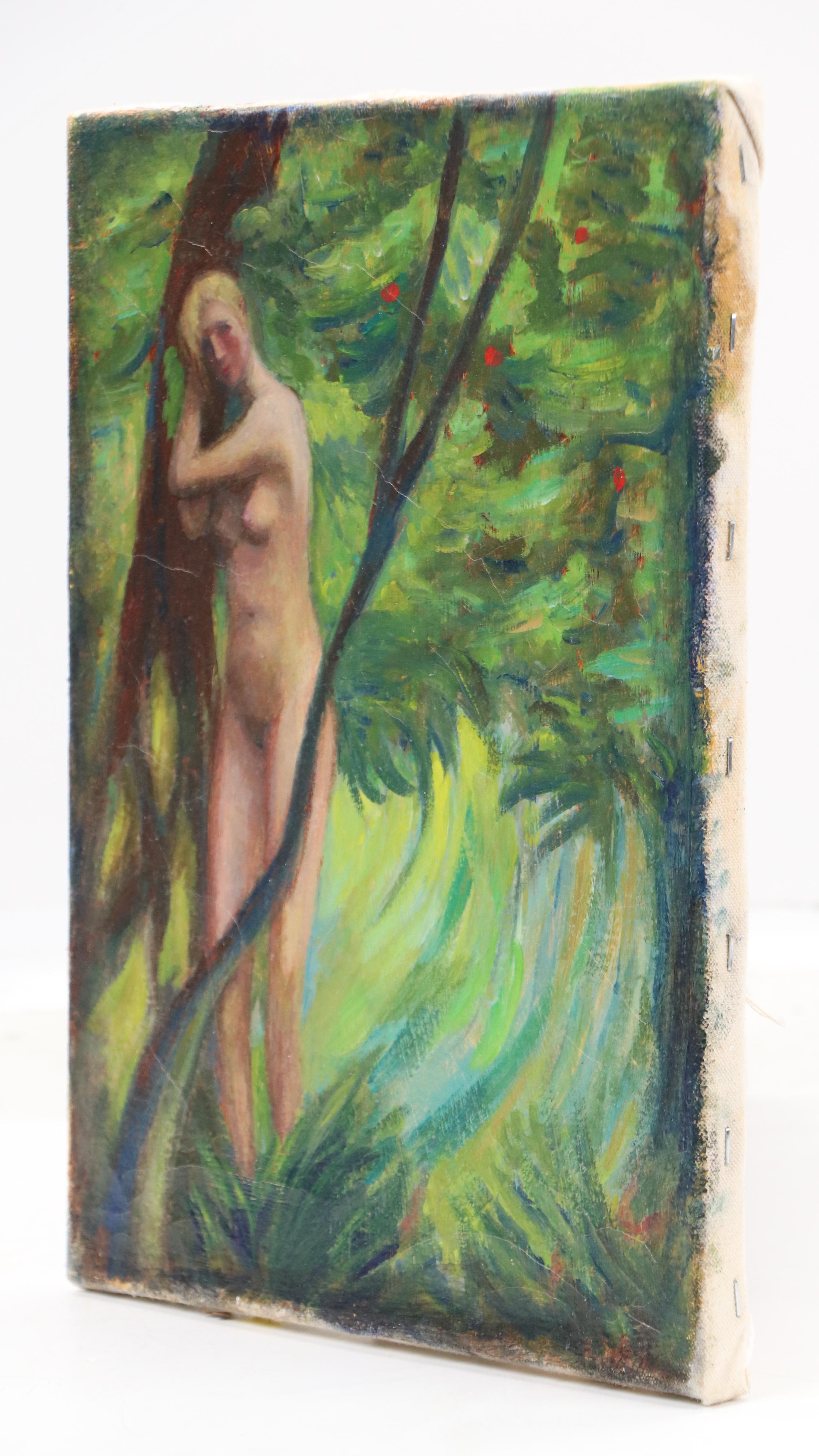 Wooded Landscape Oil Painting of Nude Woman in Foliage, Circa 2000