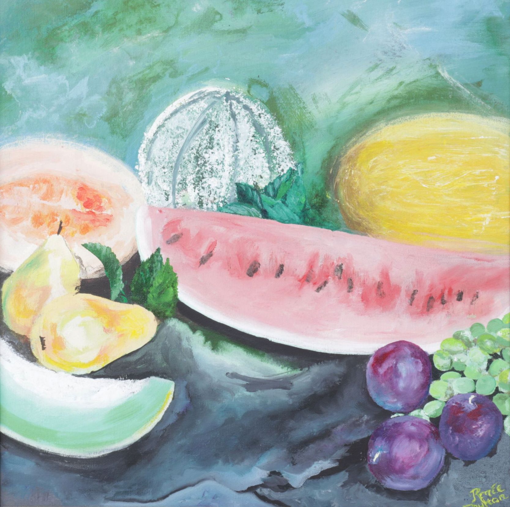 Renée Paulton Still Life Acrylic Painting of Various Arranged Fruits