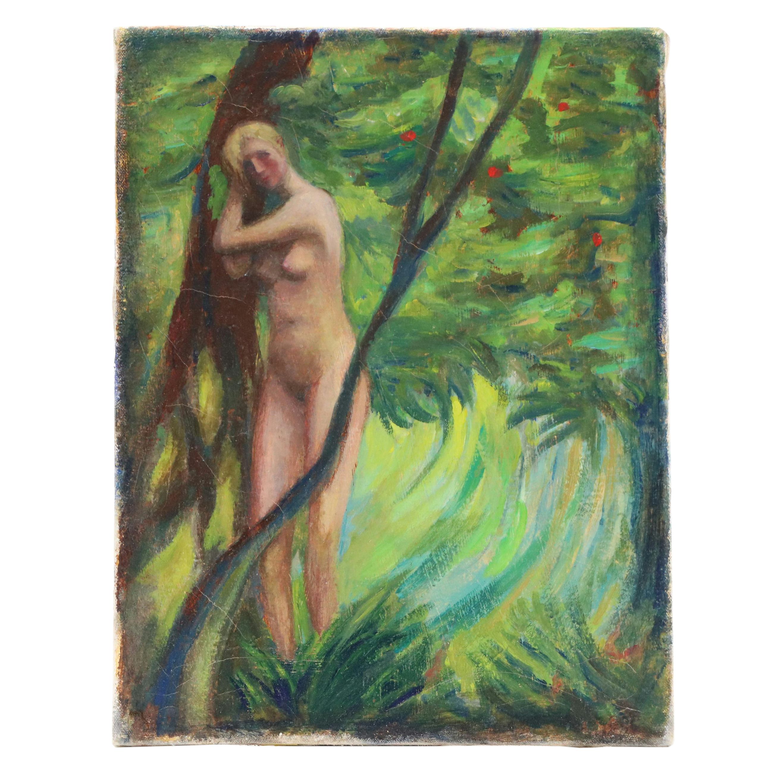 Wooded Landscape Oil Painting of Nude Woman in Foliage, Circa 2000