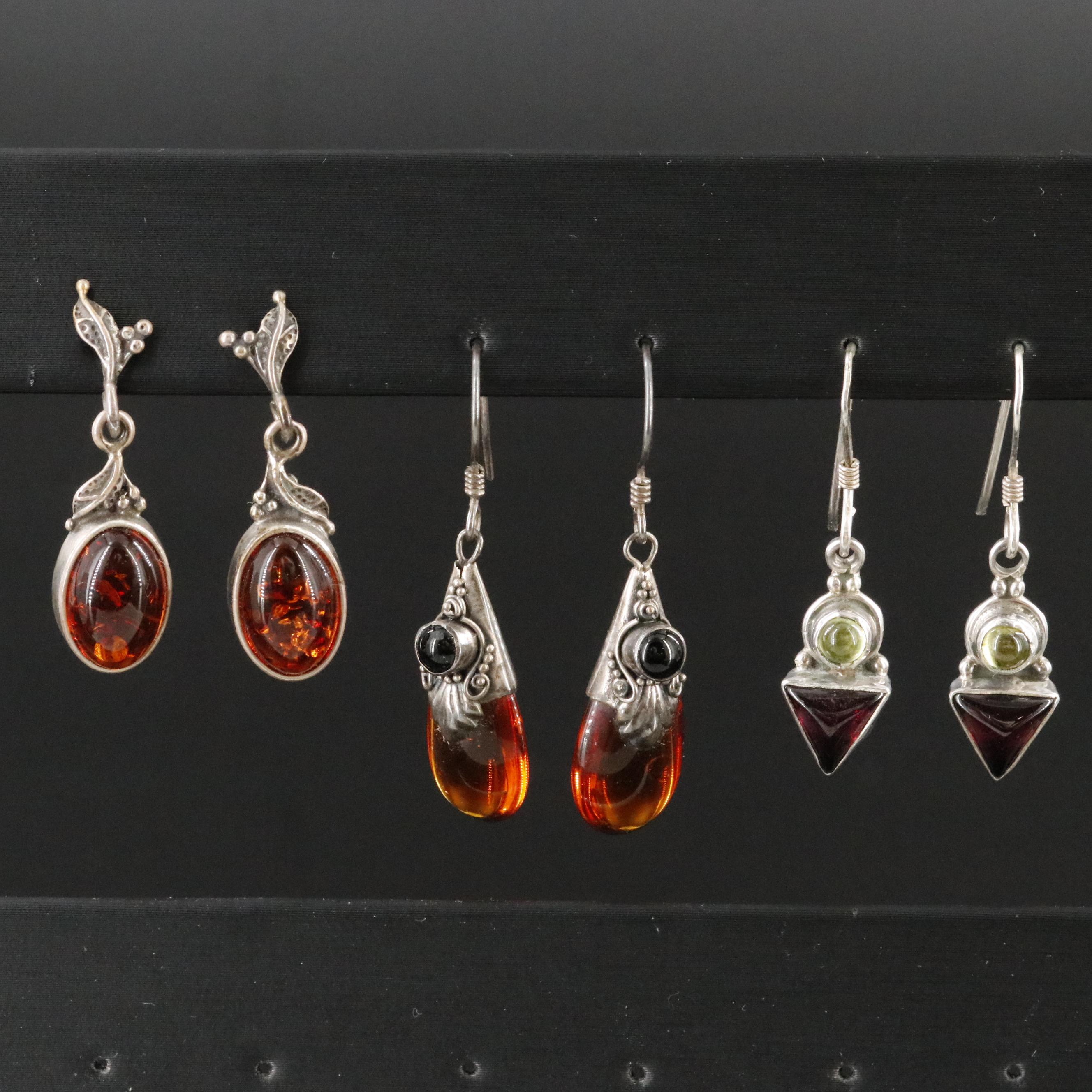 Sterling Earrings Featuring Amber, Tourmaline, and Peridot