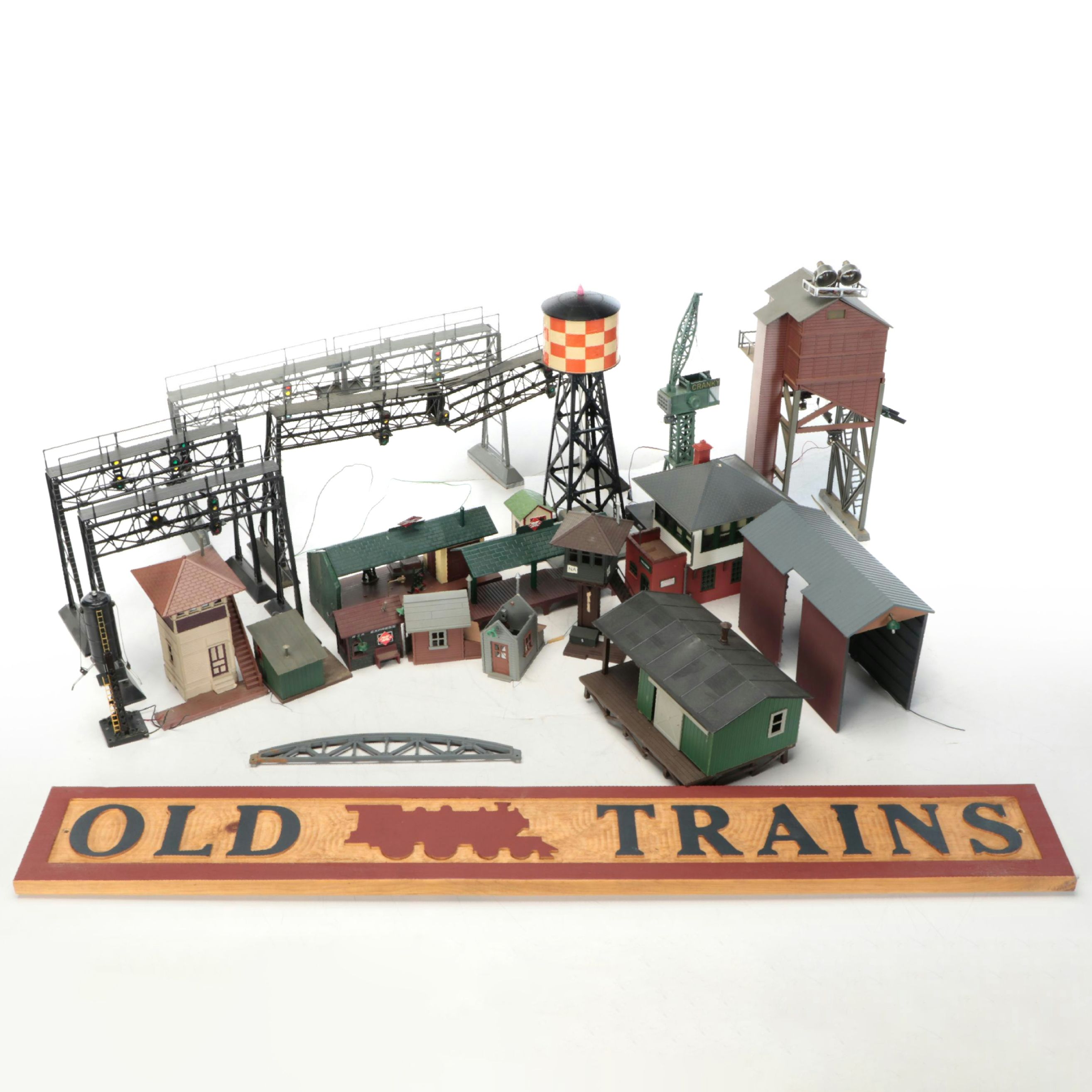 Miniature Railroad Station and Loading Area Features with "Old Trains" Wood Sign