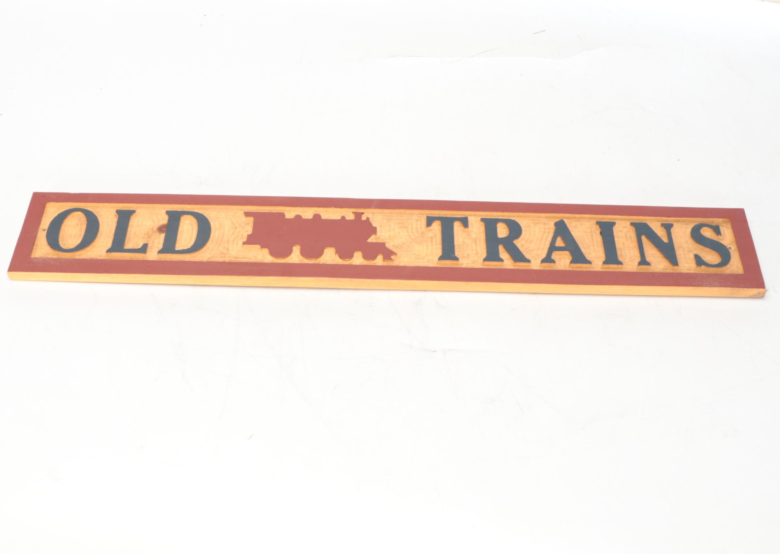 Miniature Railroad Station and Loading Area Features with "Old Trains" Wood Sign