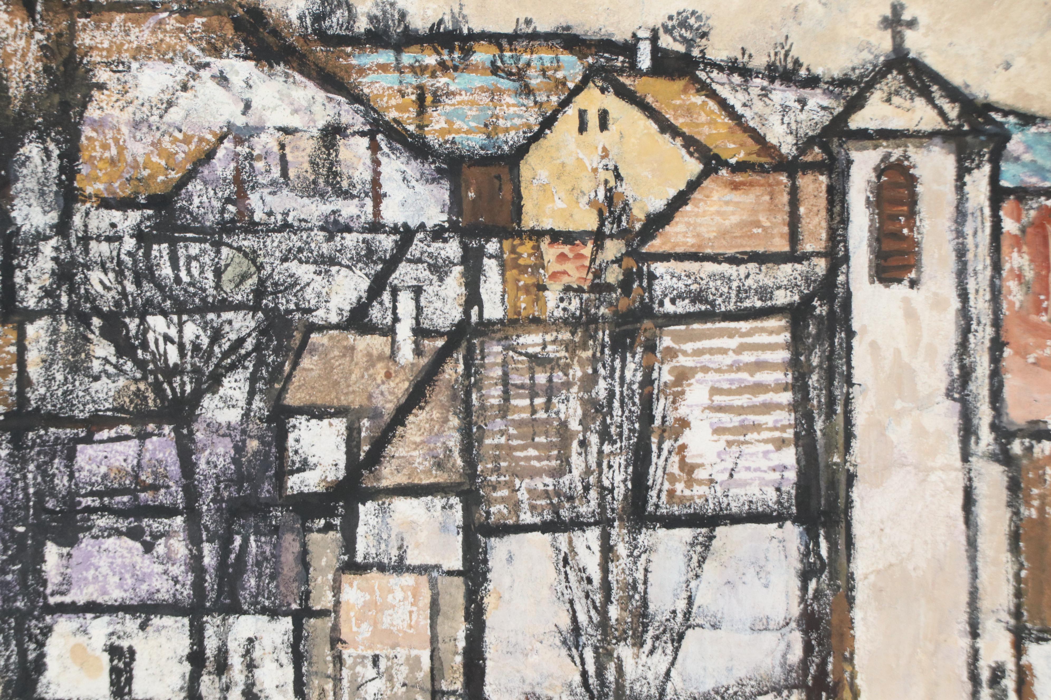 László Bencze Landscape Pastel Drawing of Neighborhood Scene, 20th Century