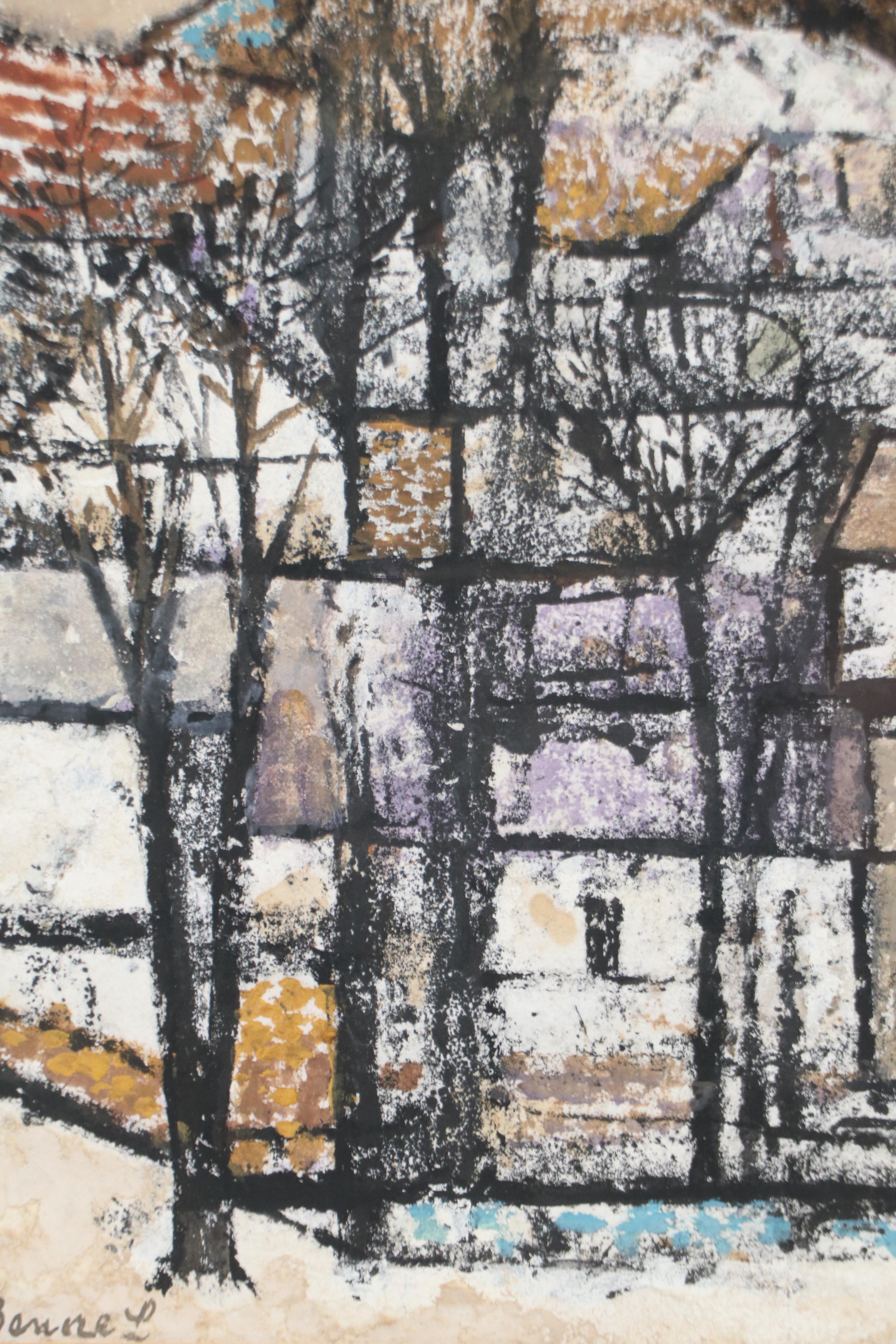 László Bencze Landscape Pastel Drawing of Neighborhood Scene, 20th Century