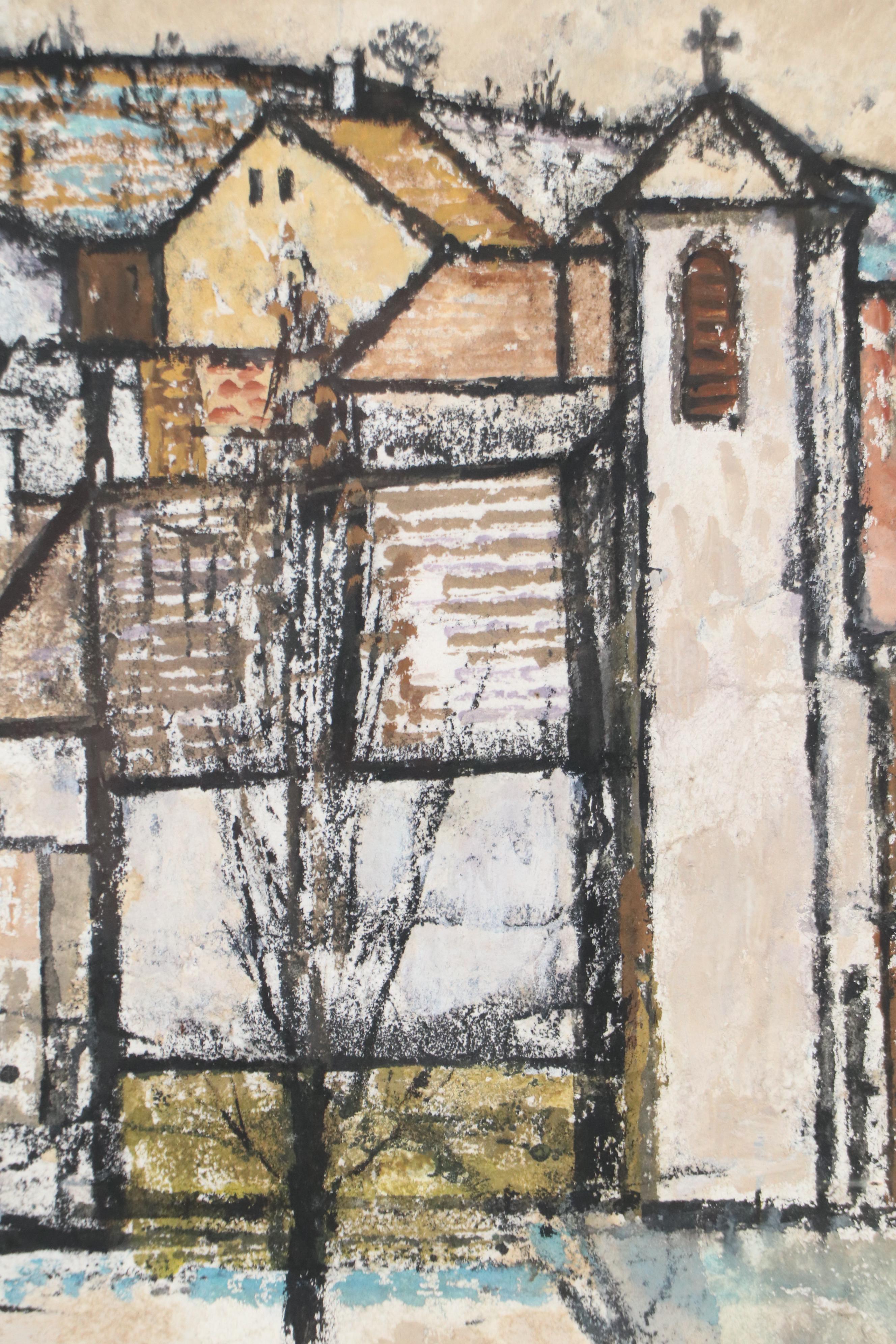 László Bencze Landscape Pastel Drawing of Neighborhood Scene, 20th Century