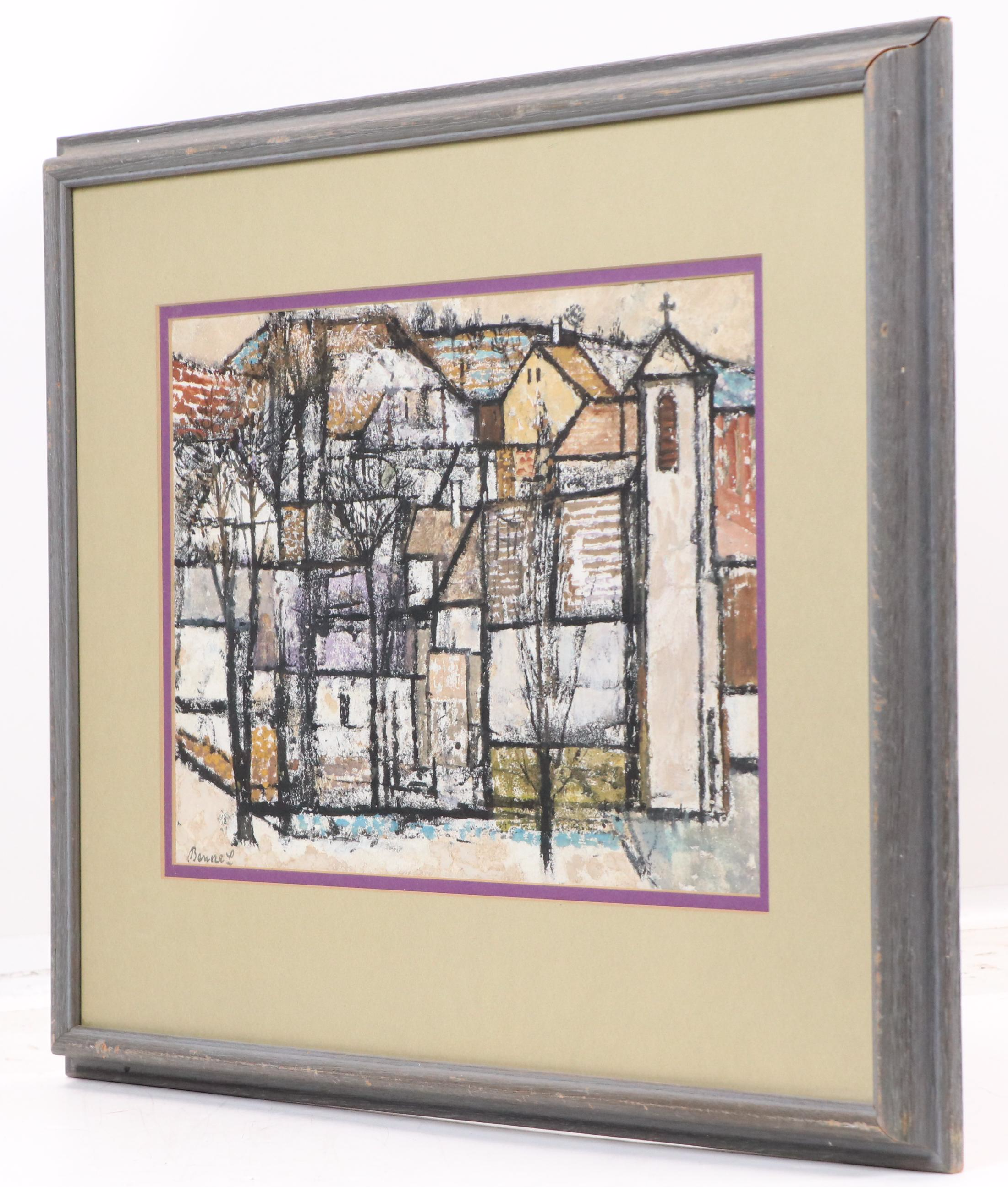 László Bencze Landscape Pastel Drawing of Neighborhood Scene, 20th Century