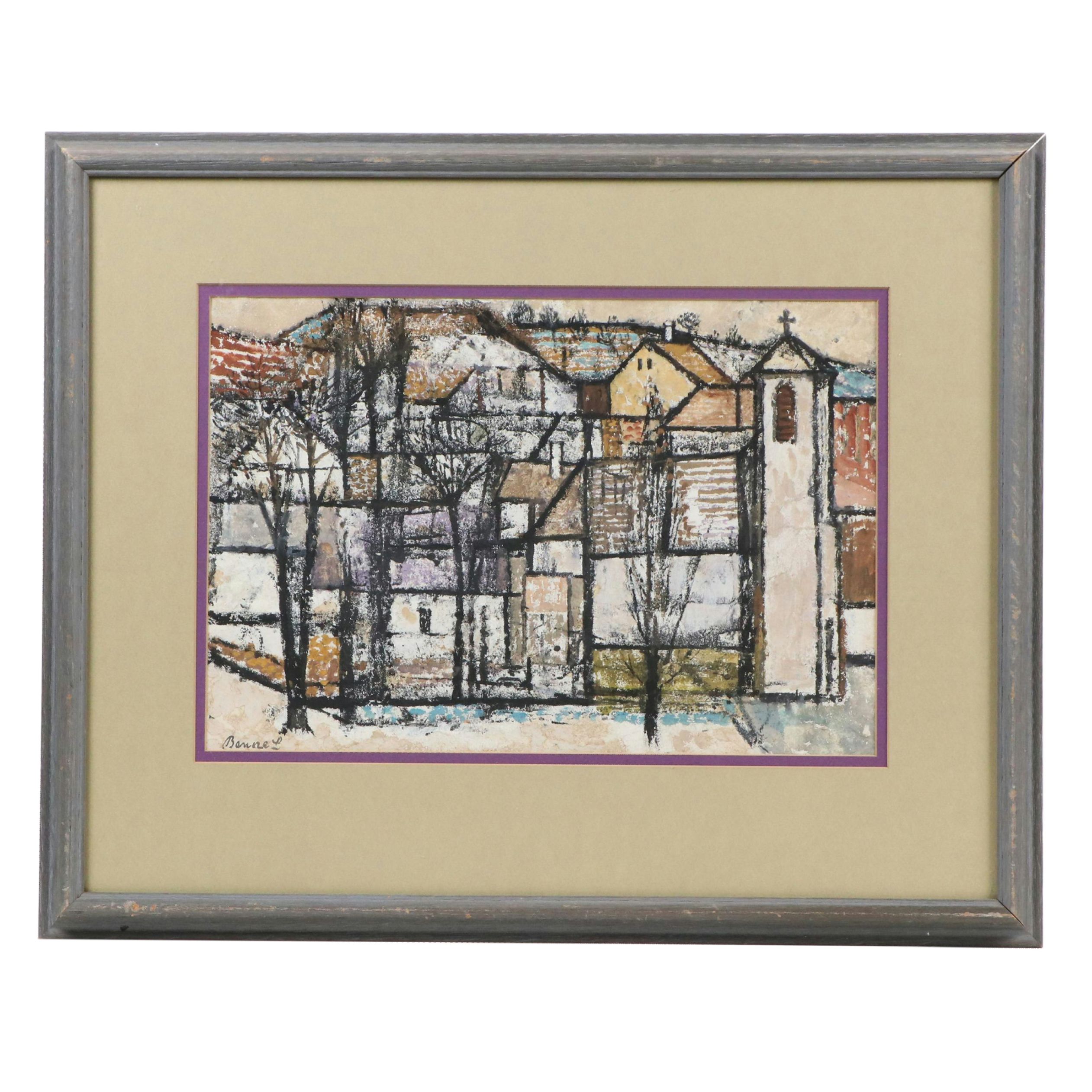 László Bencze Landscape Pastel Drawing of Neighborhood Scene, 20th Century