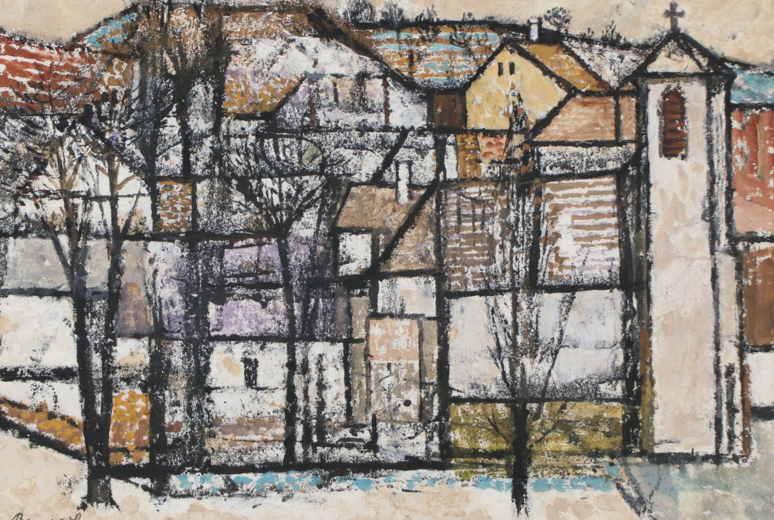 László Bencze Landscape Pastel Drawing of Neighborhood Scene, 20th Century