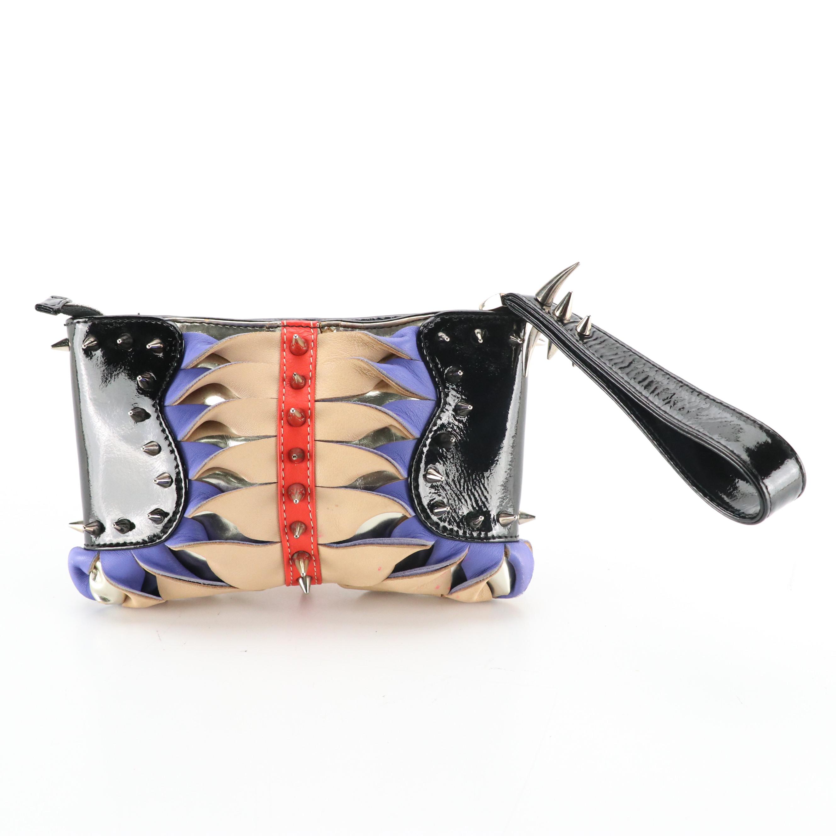 Christian Louboutin "Talita" Clutch in Spike Studded Twist Leather & Patent Trim