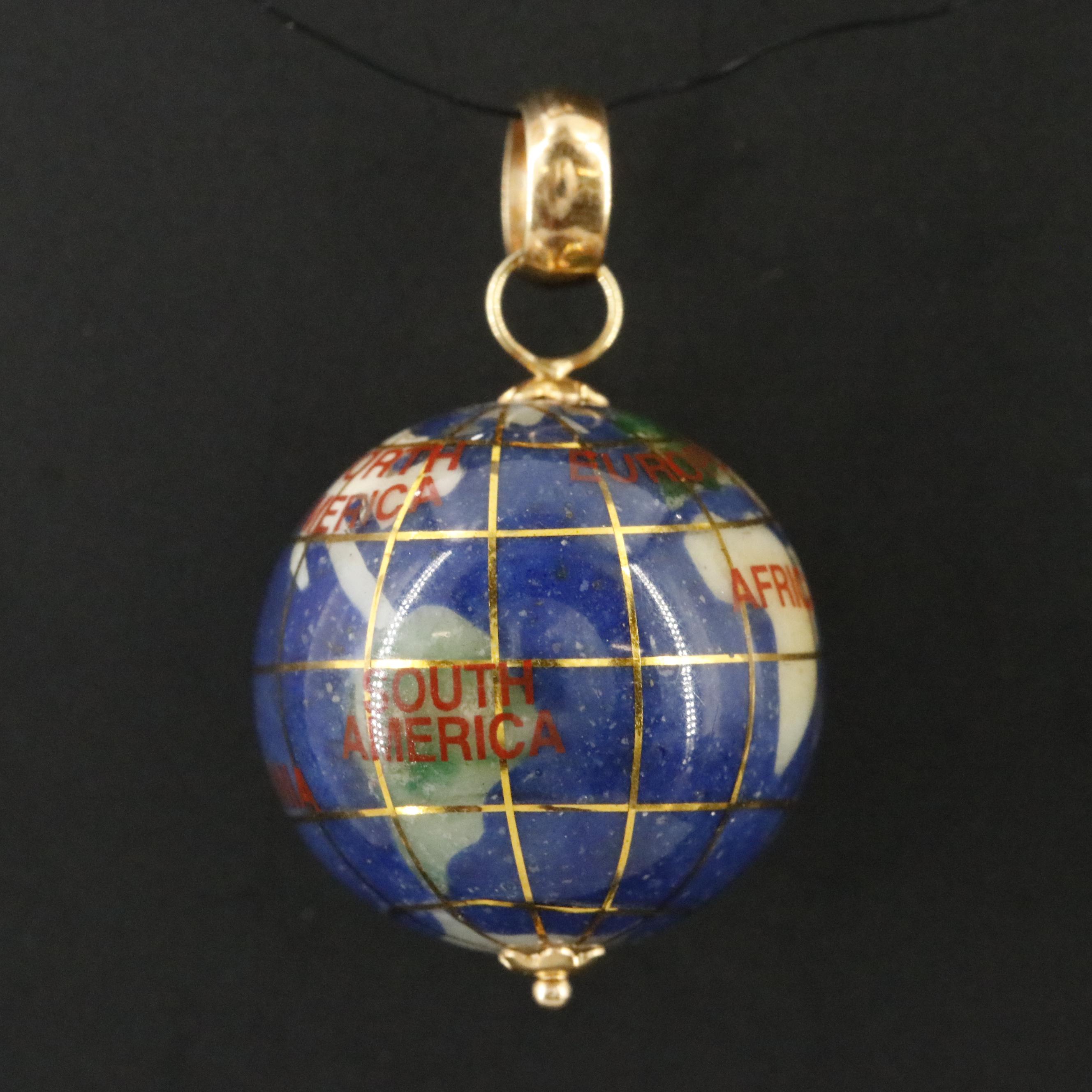 18K Inlay Globe Pendant Featuring Lapis Lazuli, Abalone, and Jasper