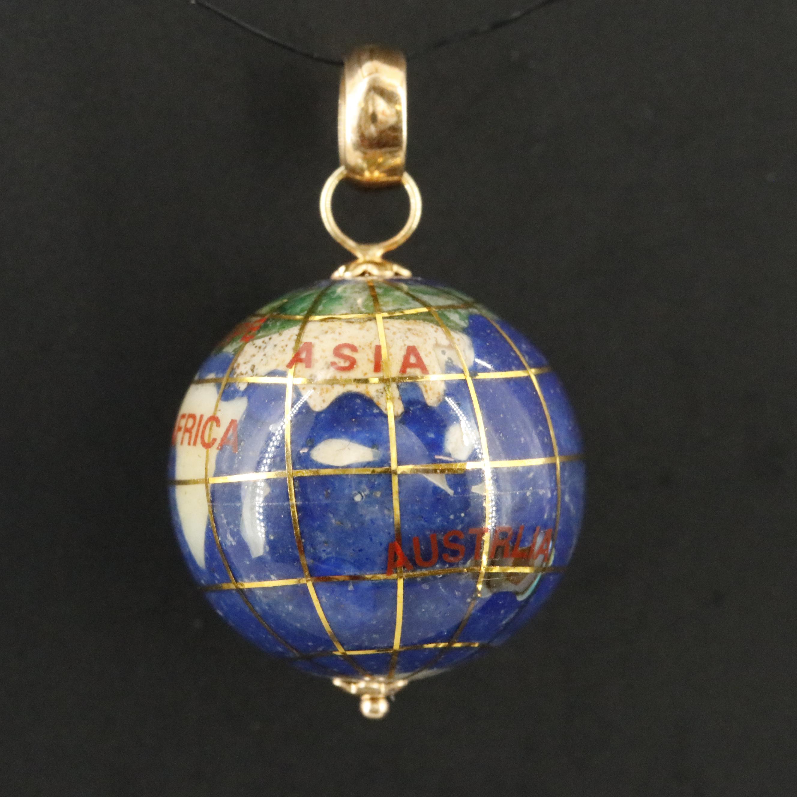 18K Inlay Globe Pendant Featuring Lapis Lazuli, Abalone, and Jasper