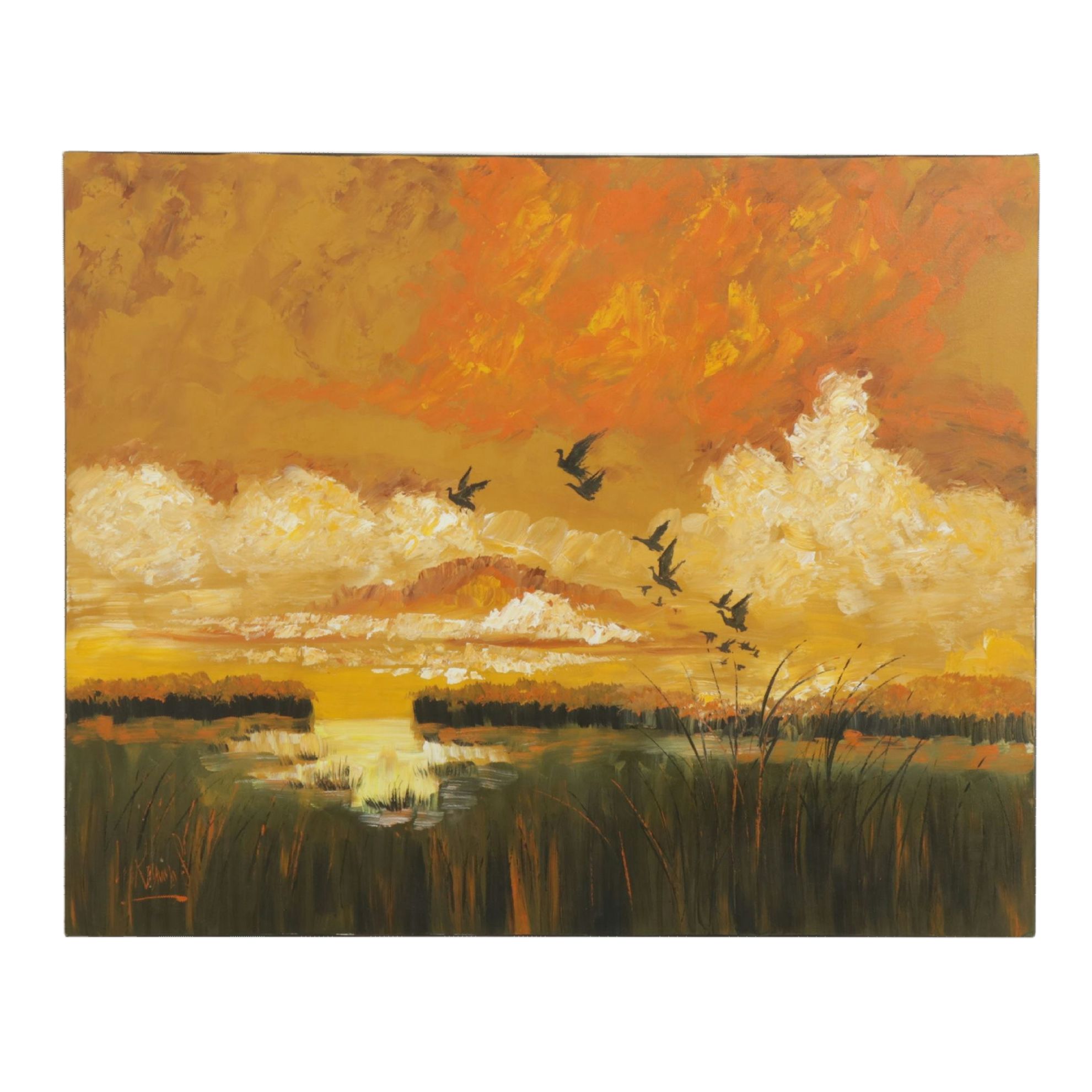 Lee Reynolds Vanguard Studios Oil Painting "Birds in Flight Over Marsh"