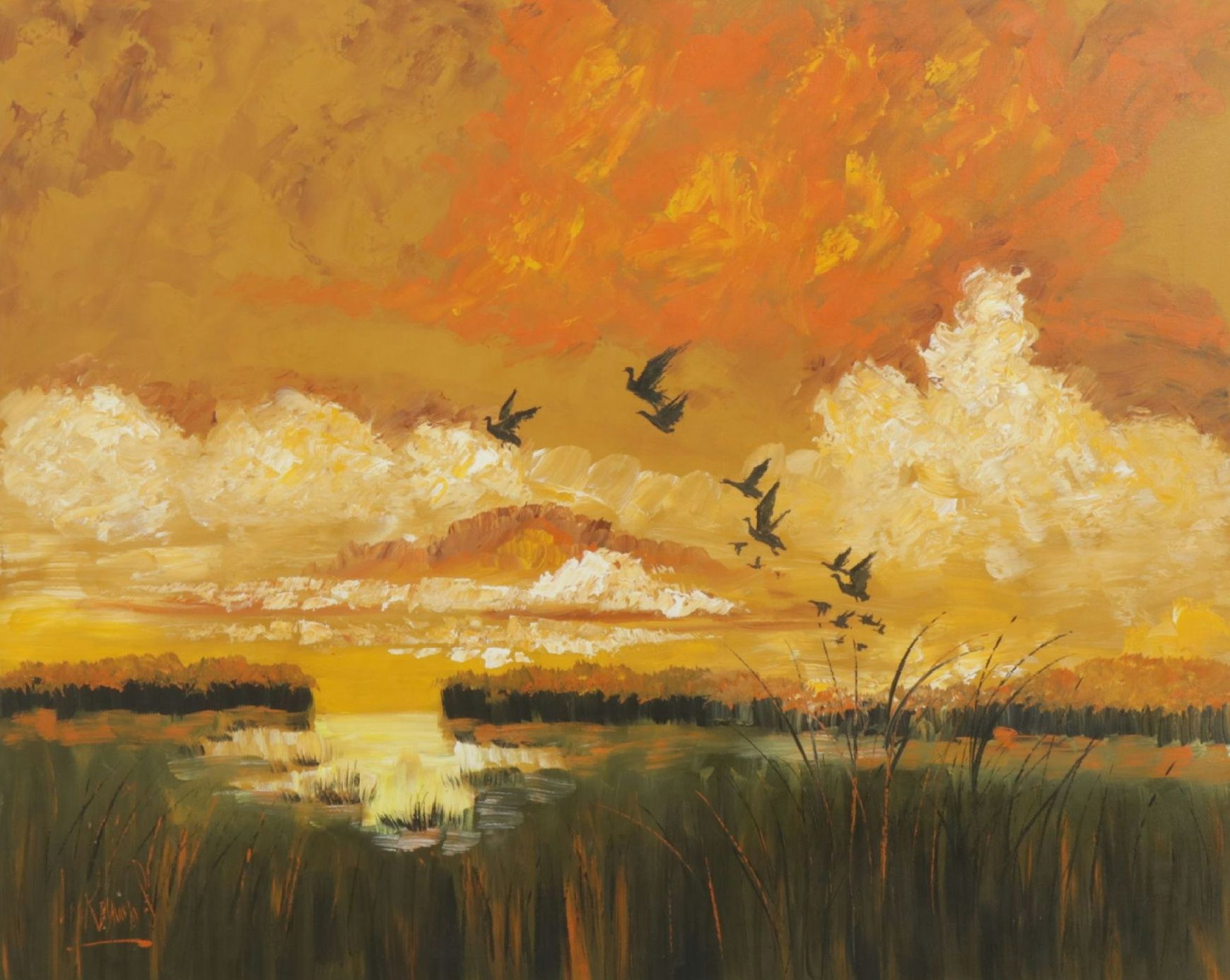 Lee Reynolds Vanguard Studios Oil Painting "Birds in Flight Over Marsh"