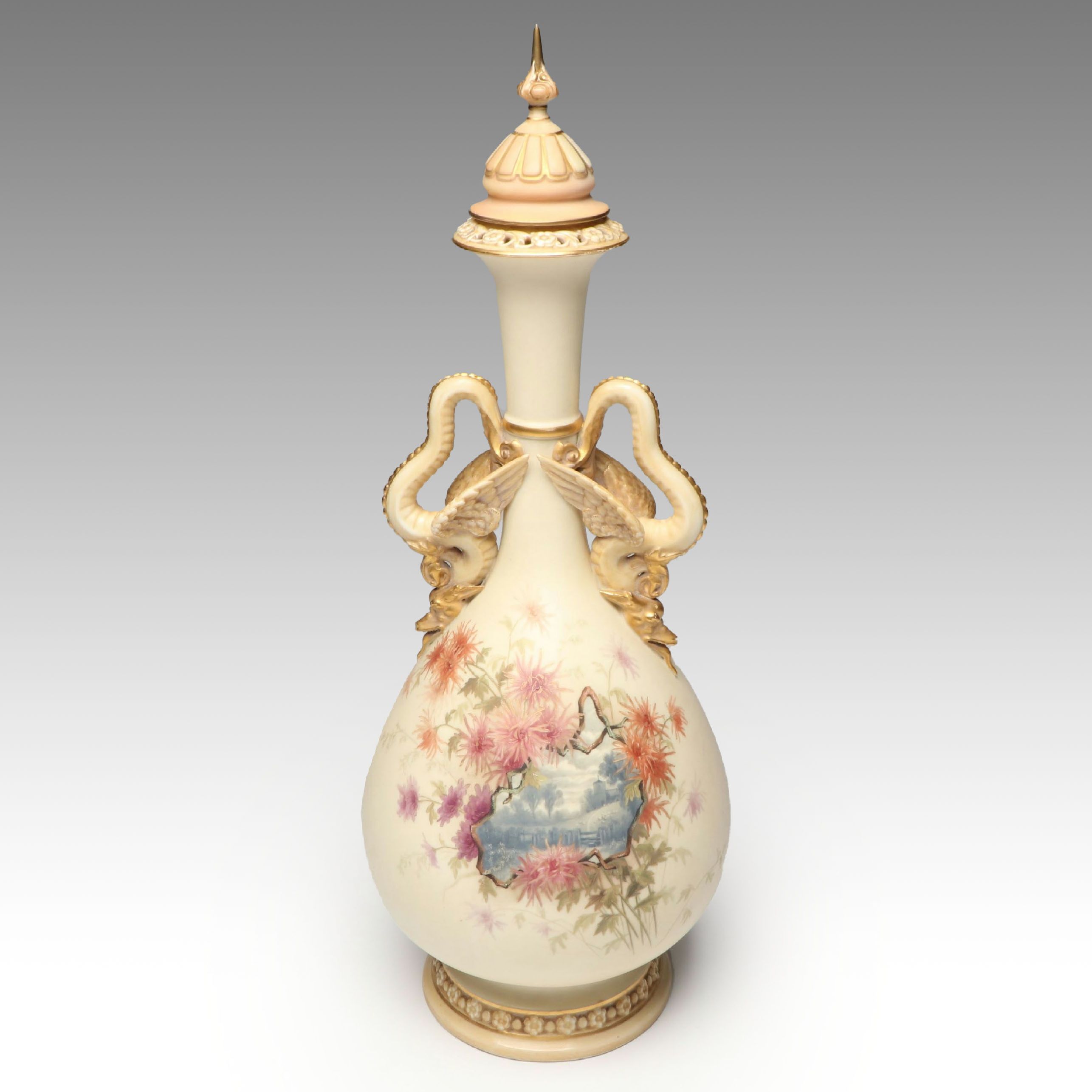 Royal Worcester Aesthetic Movement Hand-Painted Blush Ivory Porcelain Lidded Urn