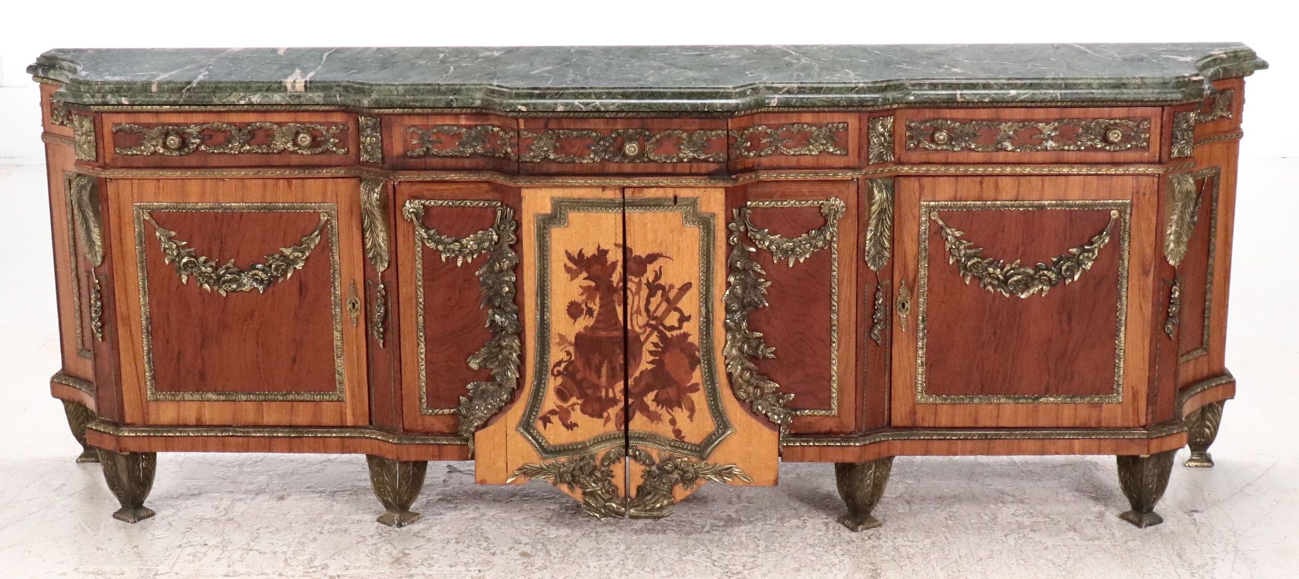 Louis XVI Style Bronze Mounted Marquetry Marble Top Buffet After Riesener
