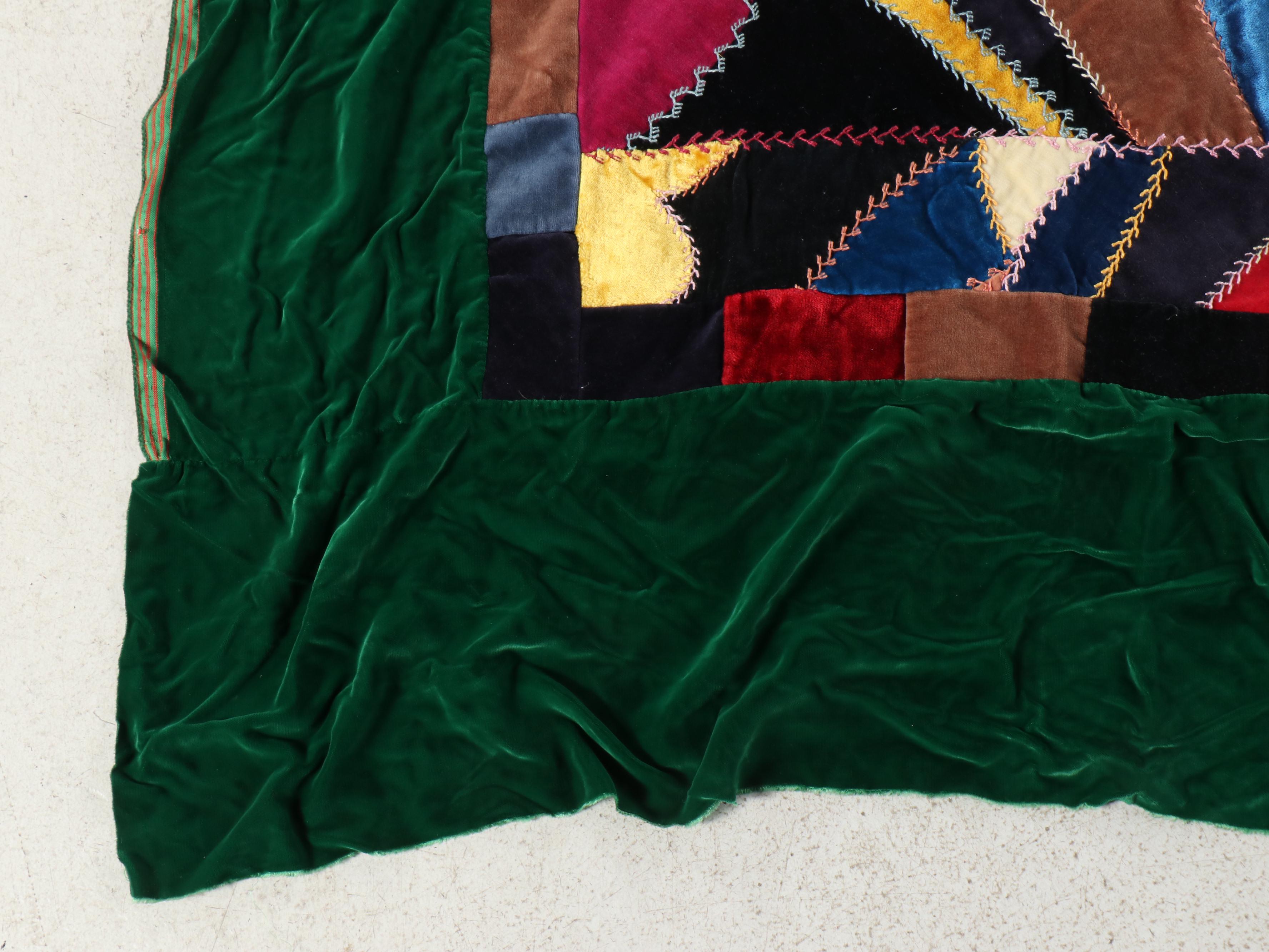 Hand-Stitched and Embroidered Velvet Crazy Quilt Topper