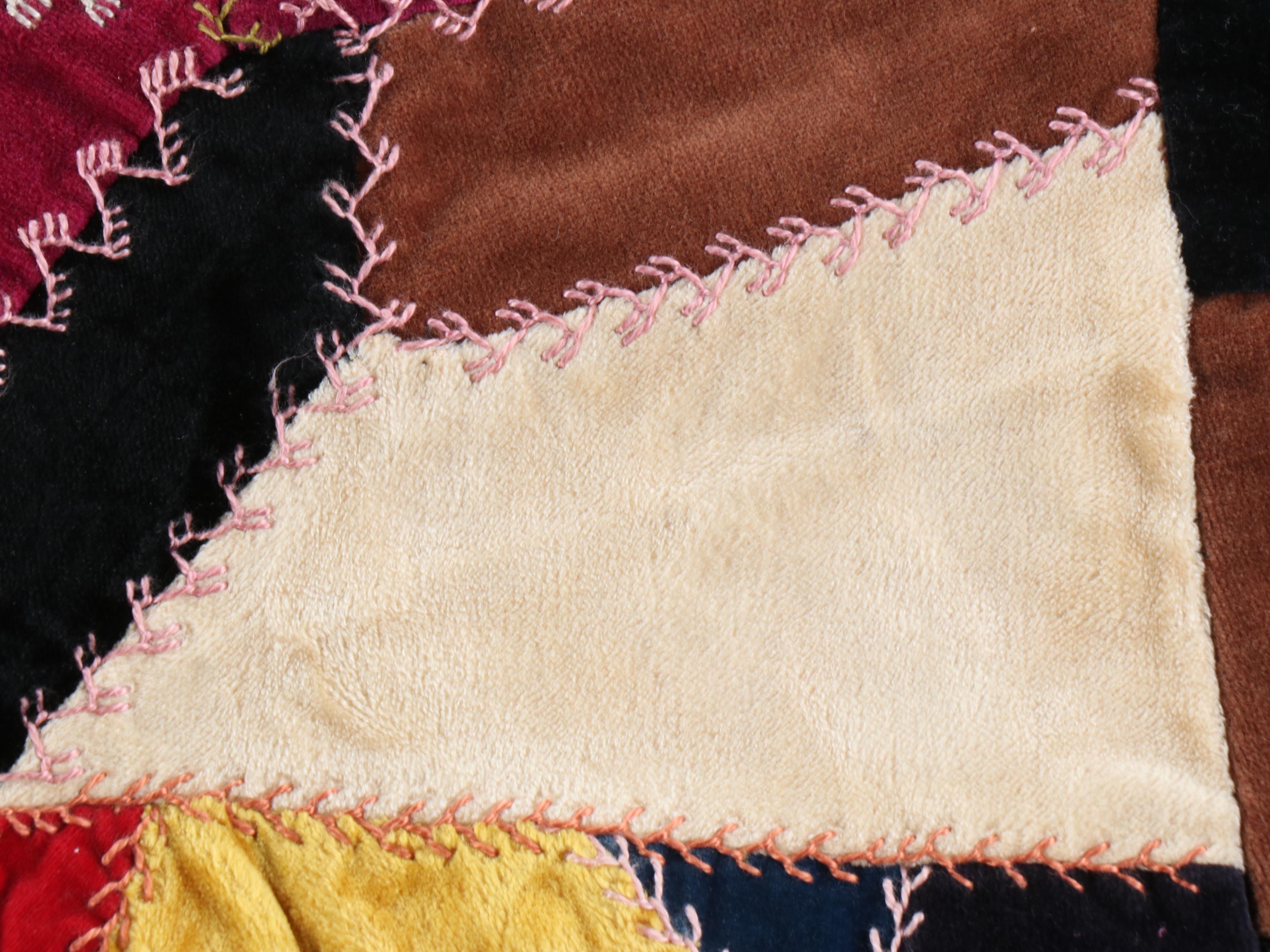Hand-Stitched and Embroidered Velvet Crazy Quilt Topper