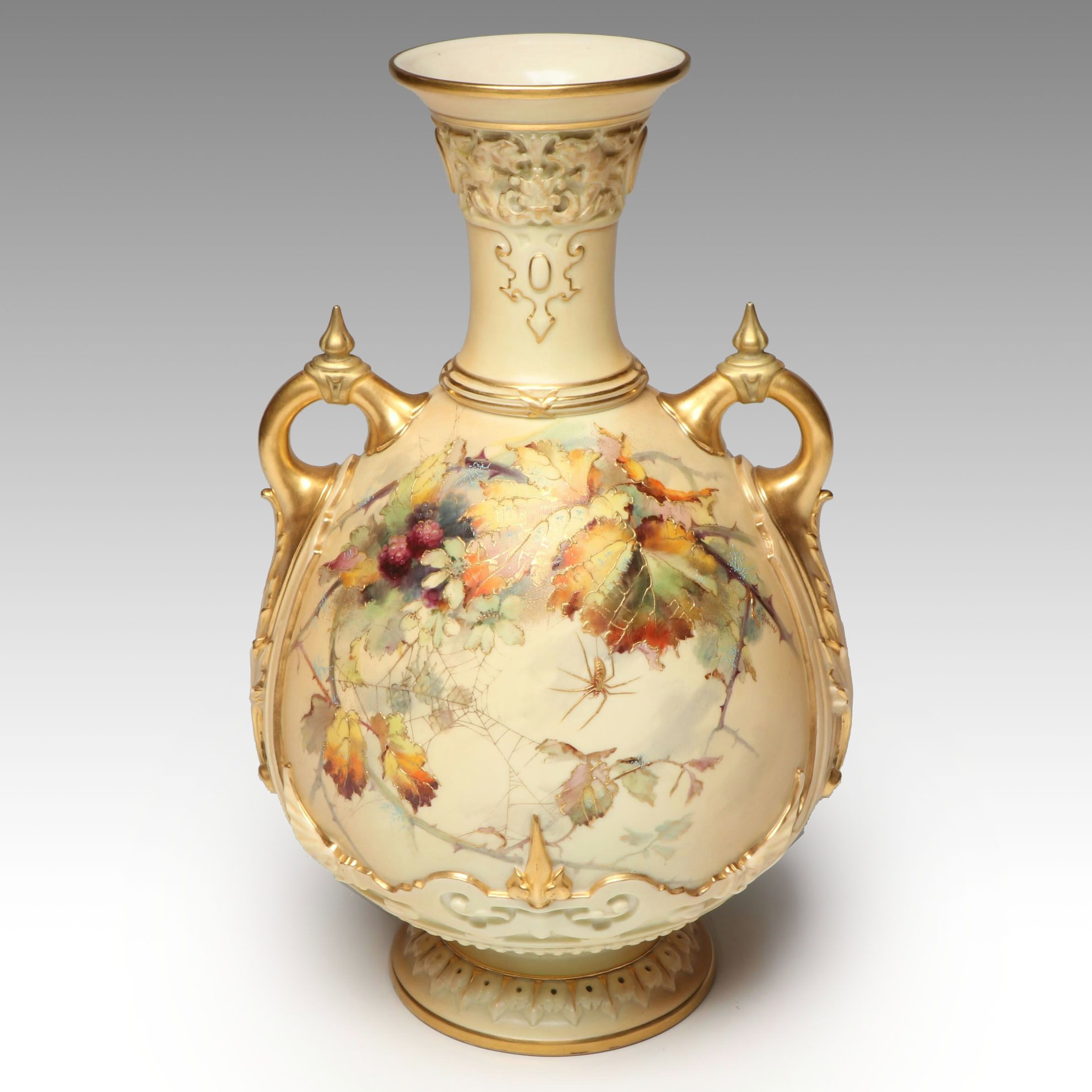 Royal Worcester Hand-Painted Spider in Web Blush Ivory Porcelain Vase
