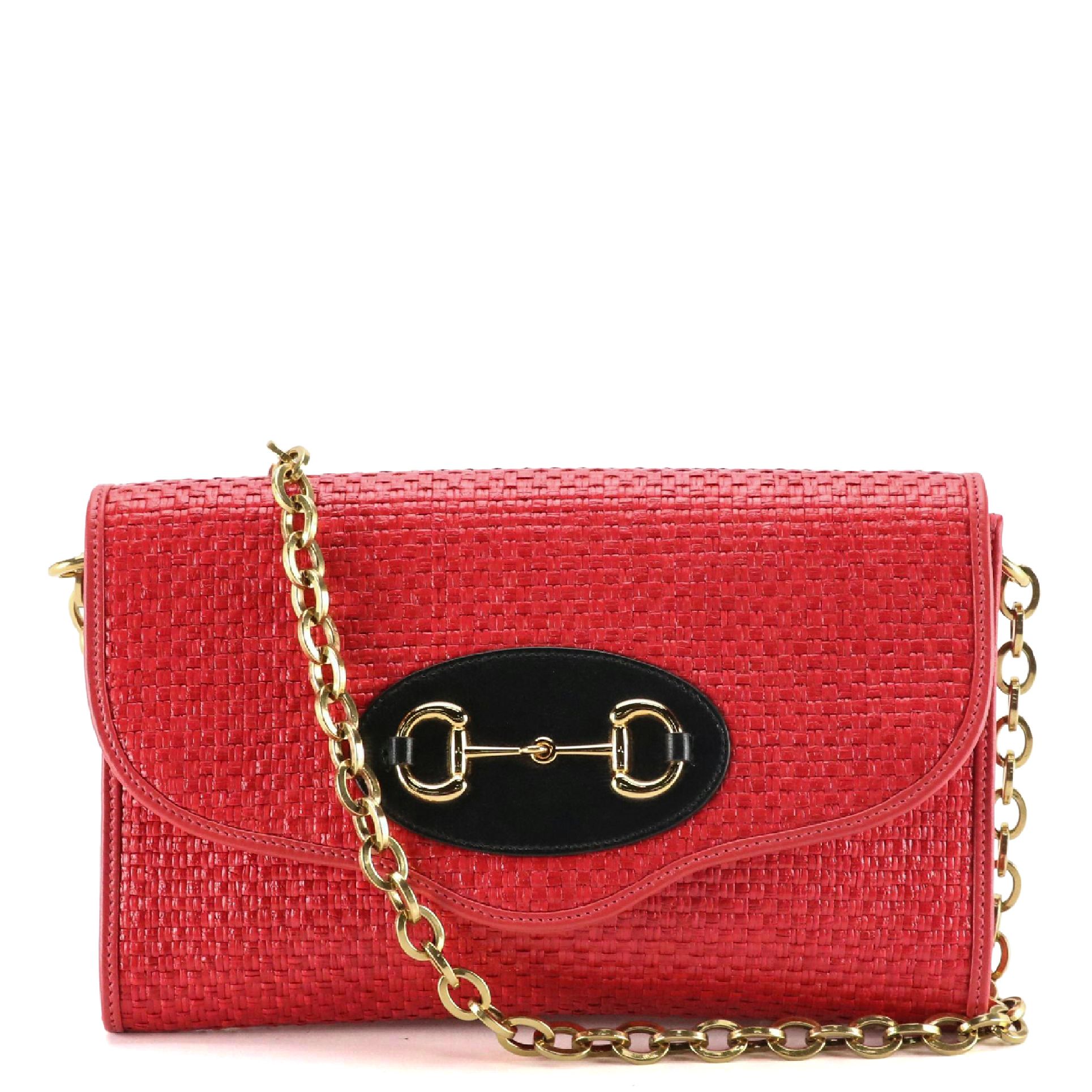 Gucci Horsebit 1955 Small Chain Bag in Red Woven Raffia and Leather