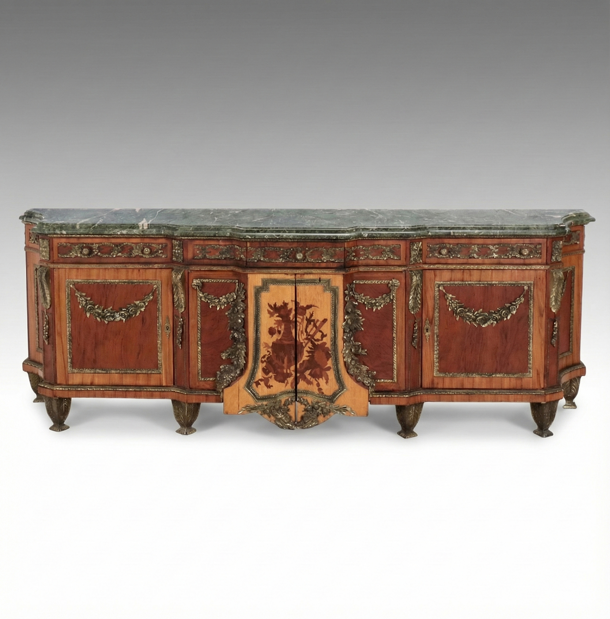 French Louis XV Style Bronze Mounted and Marquetry Inlaid Marble Top Sideboard