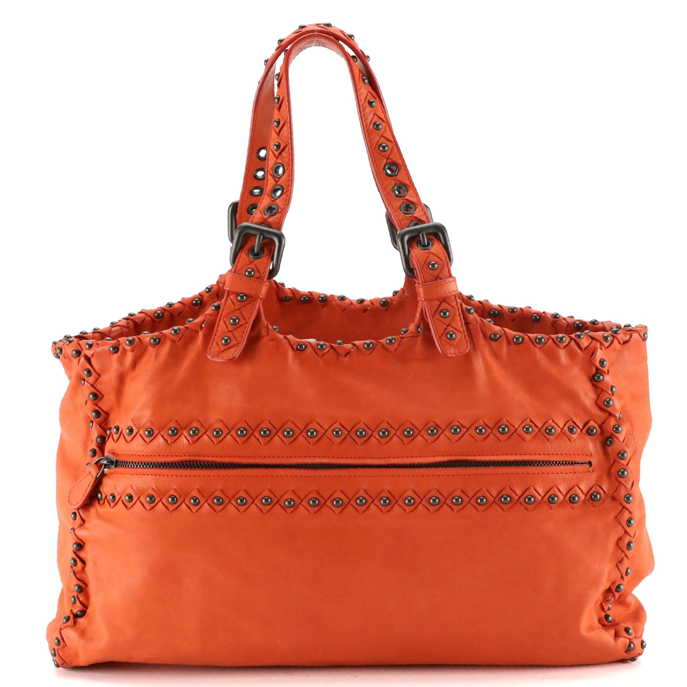 Bottega Veneta Handbag in Studded Orange Lambskin Leather & Intrecciato Accents