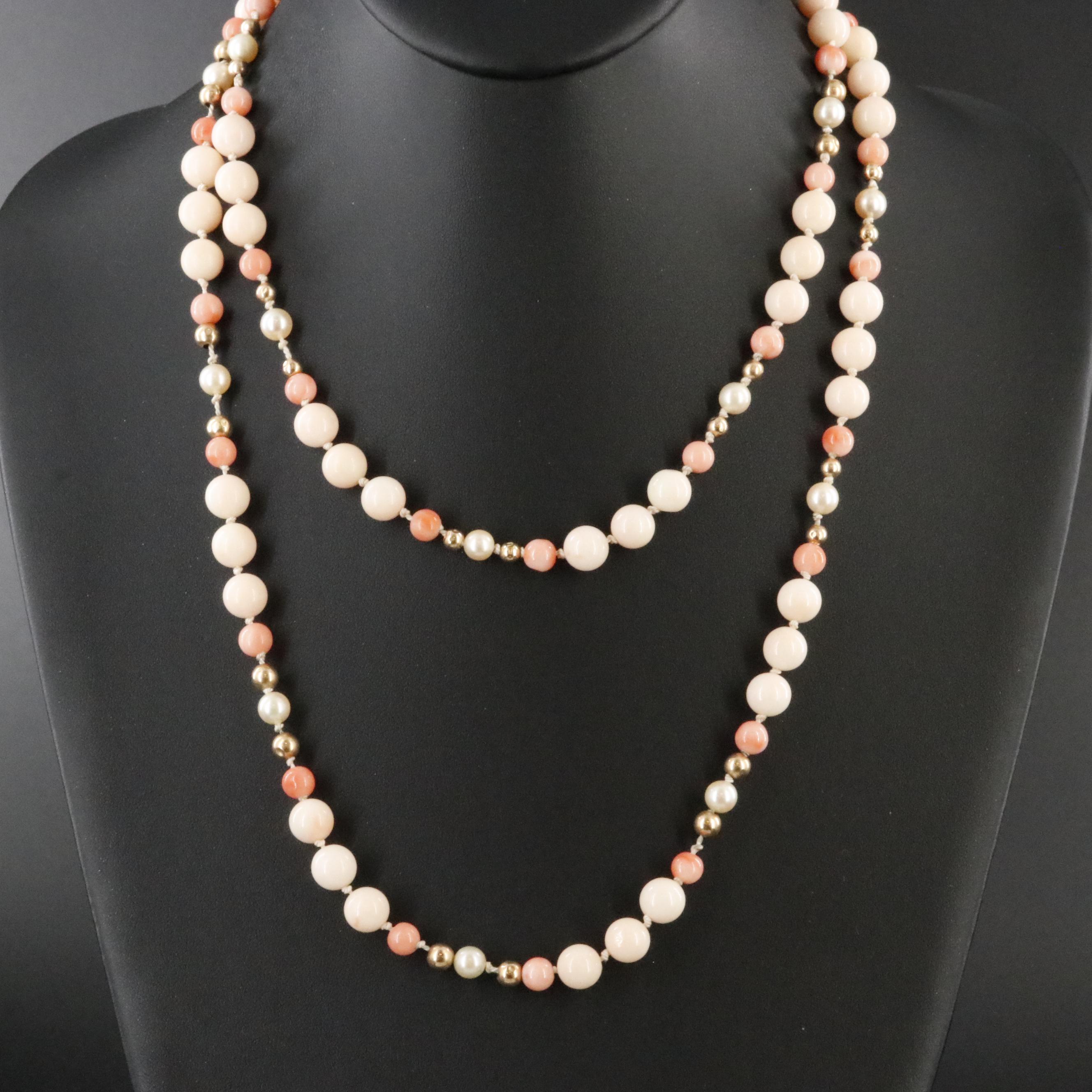 14K Coral and Pearl Bead Necklace Including Angel Skin
