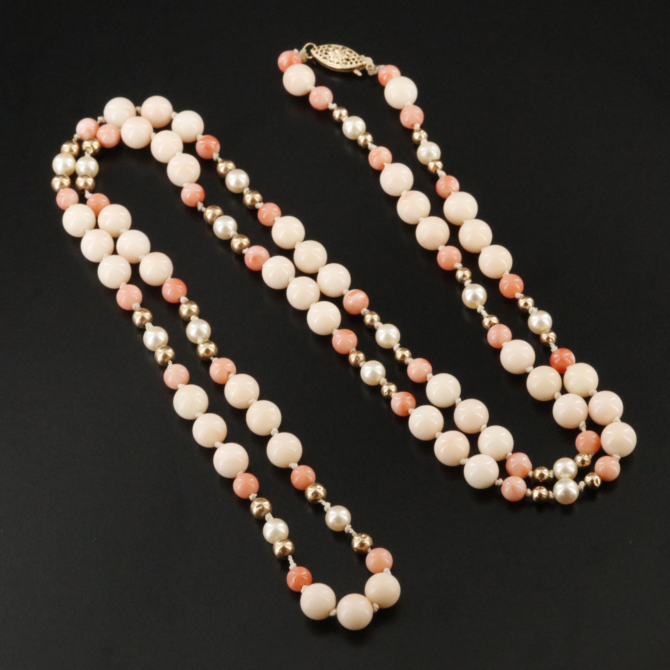14K Coral and Pearl Bead Necklace Including Angel Skin
