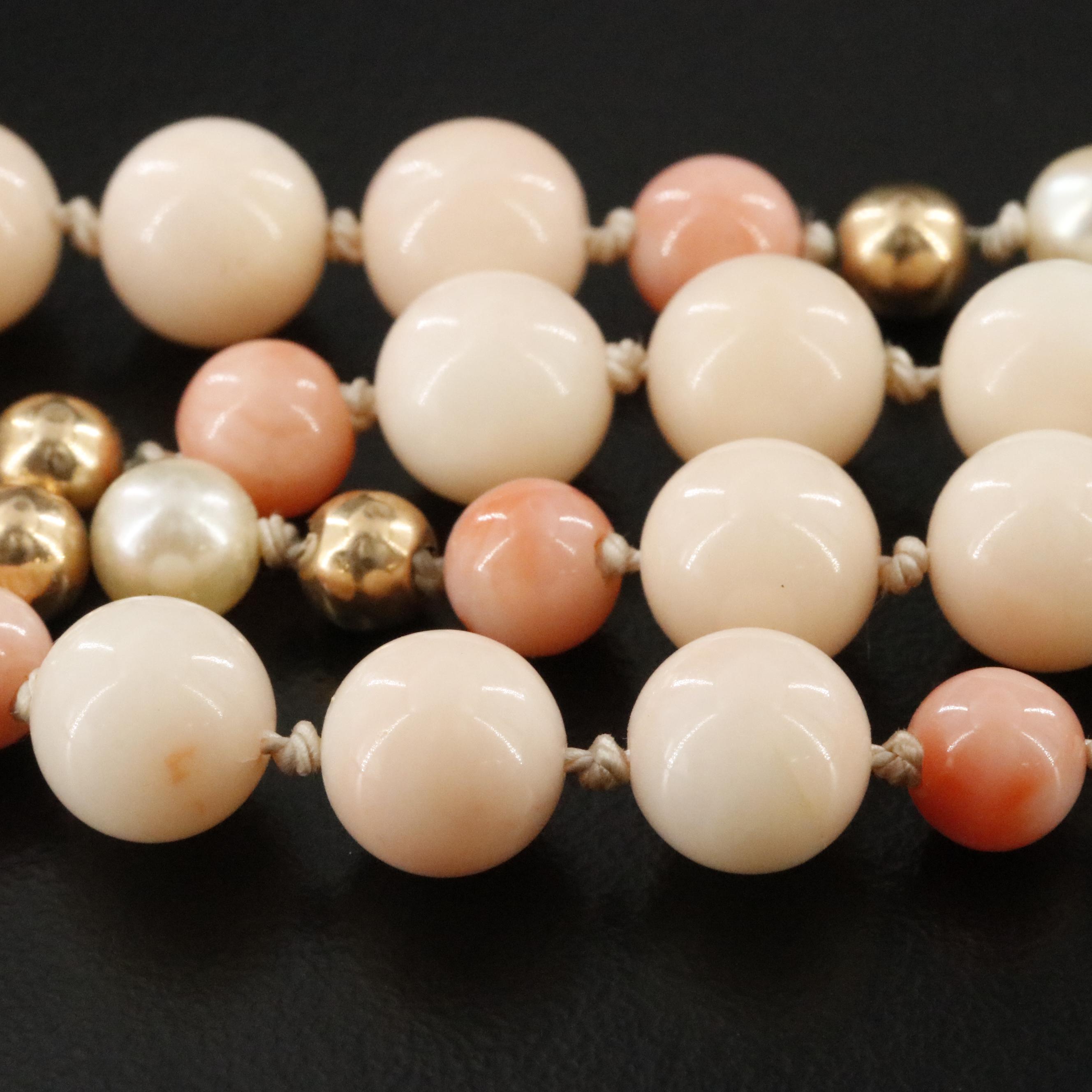 14K Coral and Pearl Bead Necklace Including Angel Skin