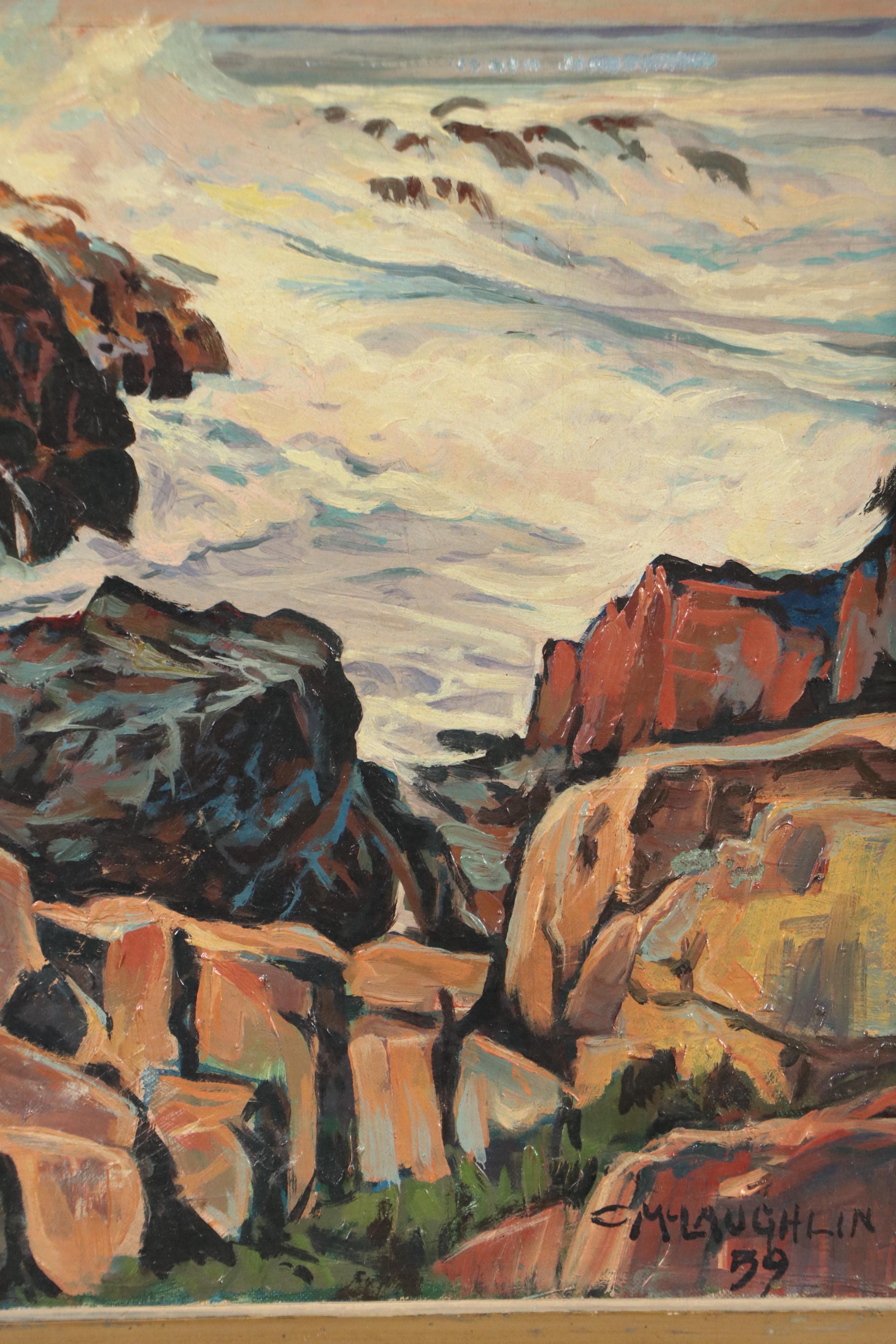 C. McLaughlin Rocky Landscape Oil Painting "Shore at Agonquit Maine," 1959