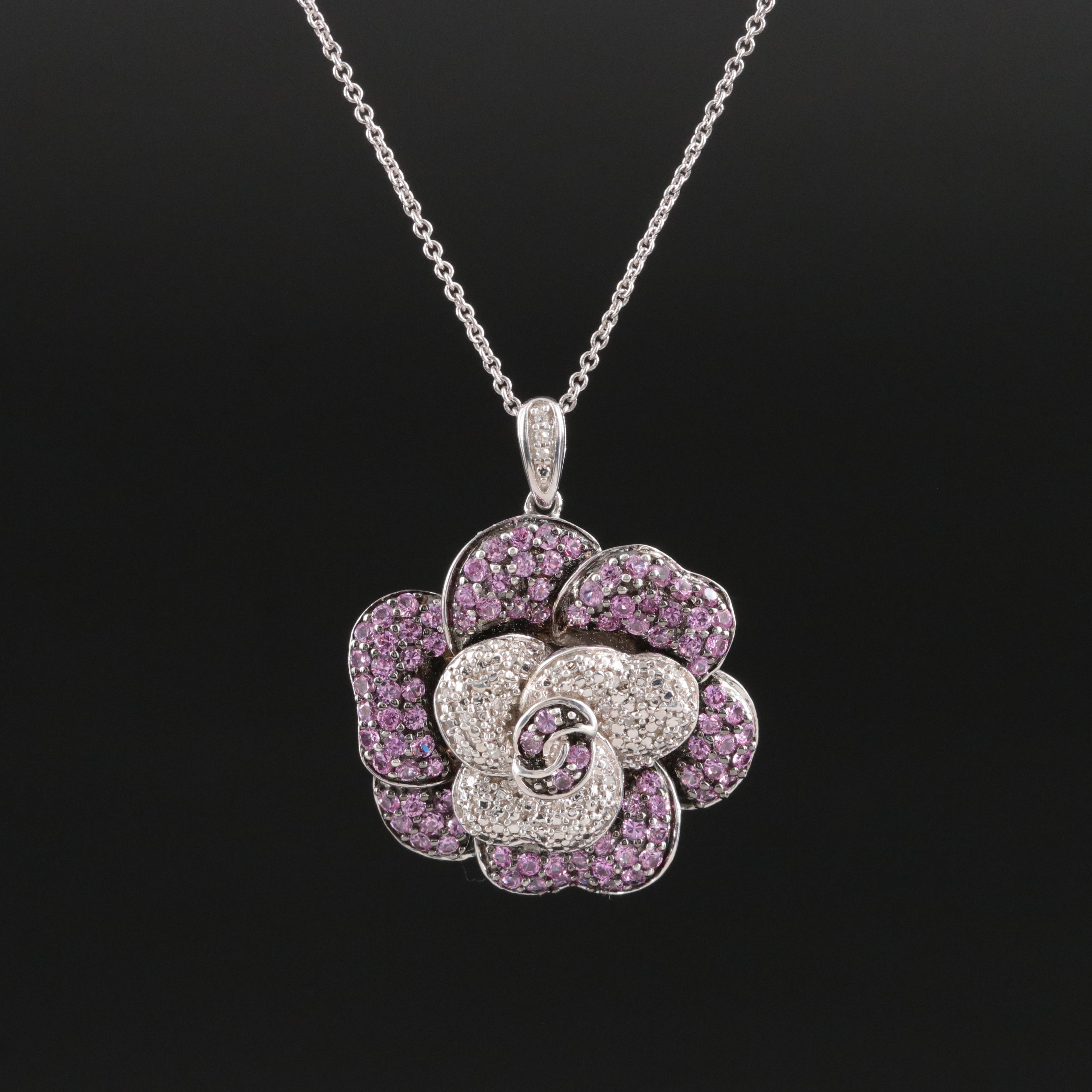 Sterling Pink Sapphire and Diamond Flower Pendant Necklace
