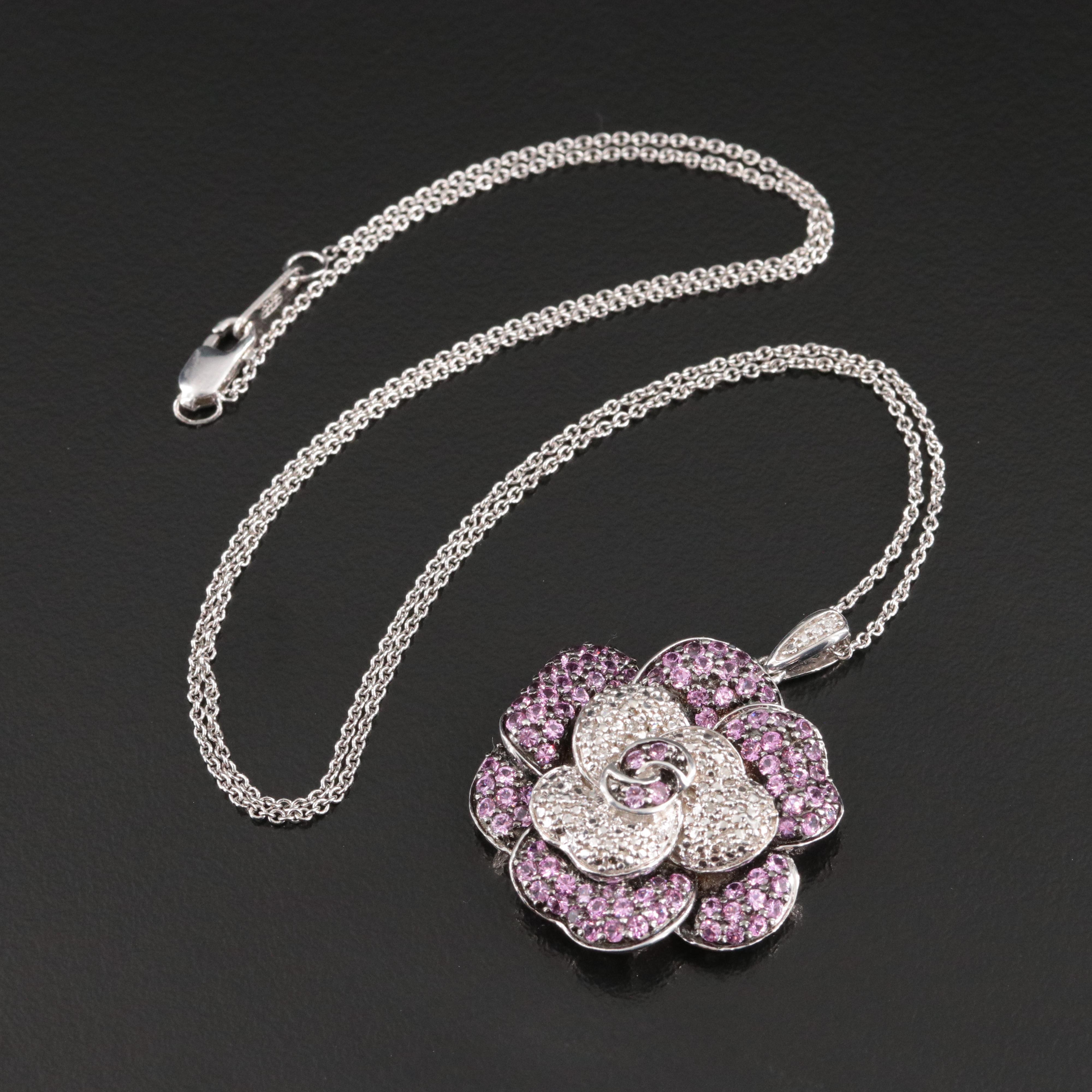 Sterling Pink Sapphire and Diamond Flower Pendant Necklace