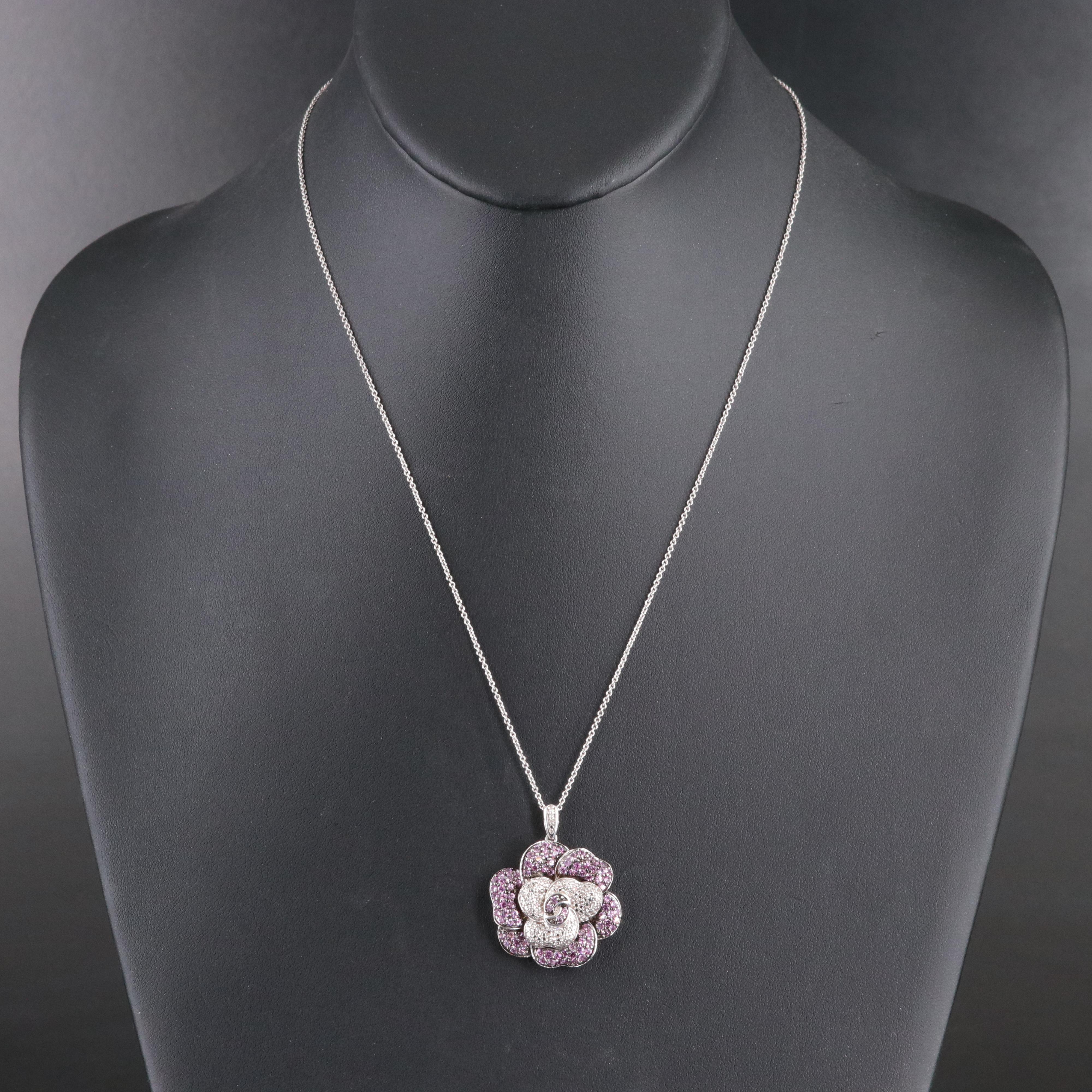 Sterling Pink Sapphire and Diamond Flower Pendant Necklace