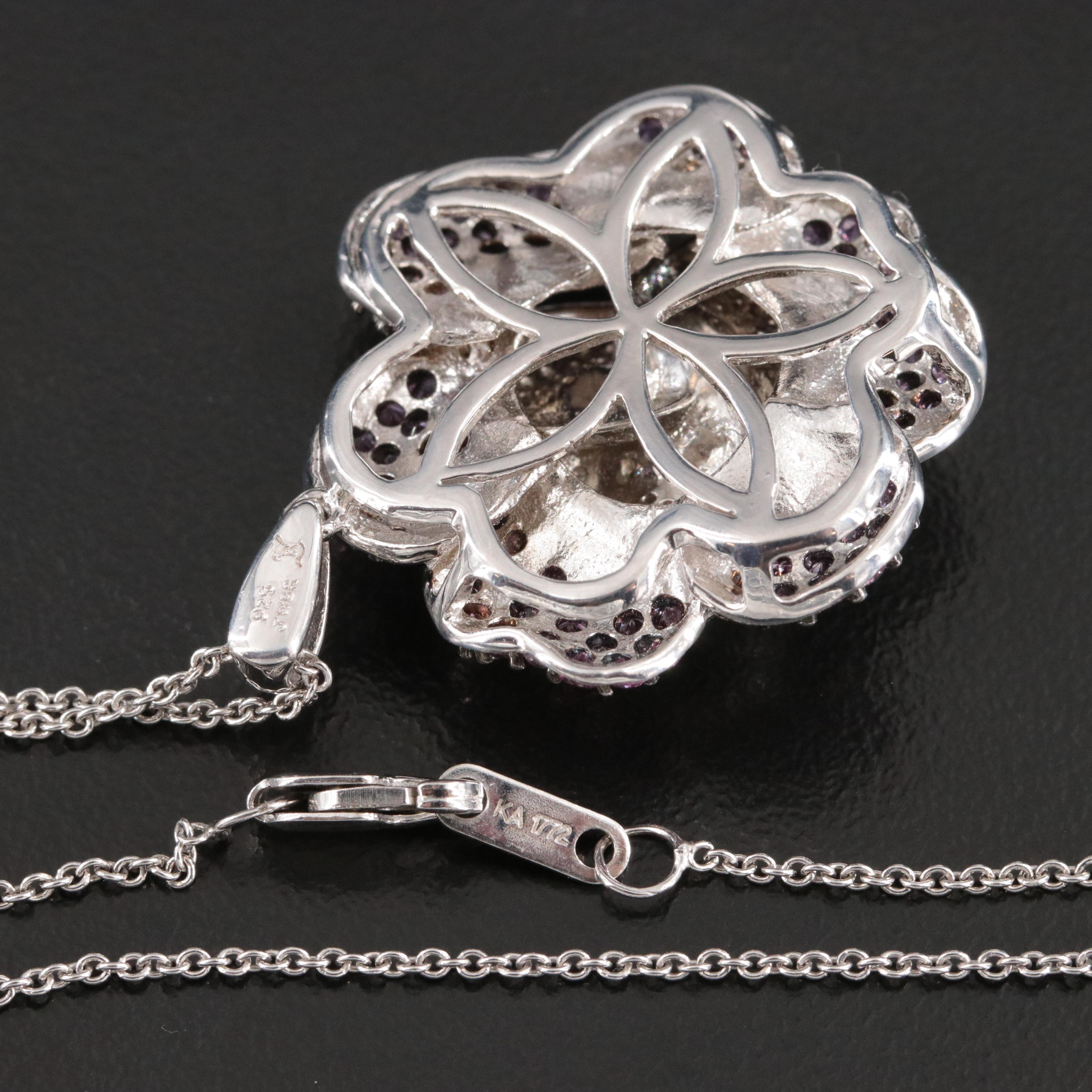 Sterling Pink Sapphire and Diamond Flower Pendant Necklace