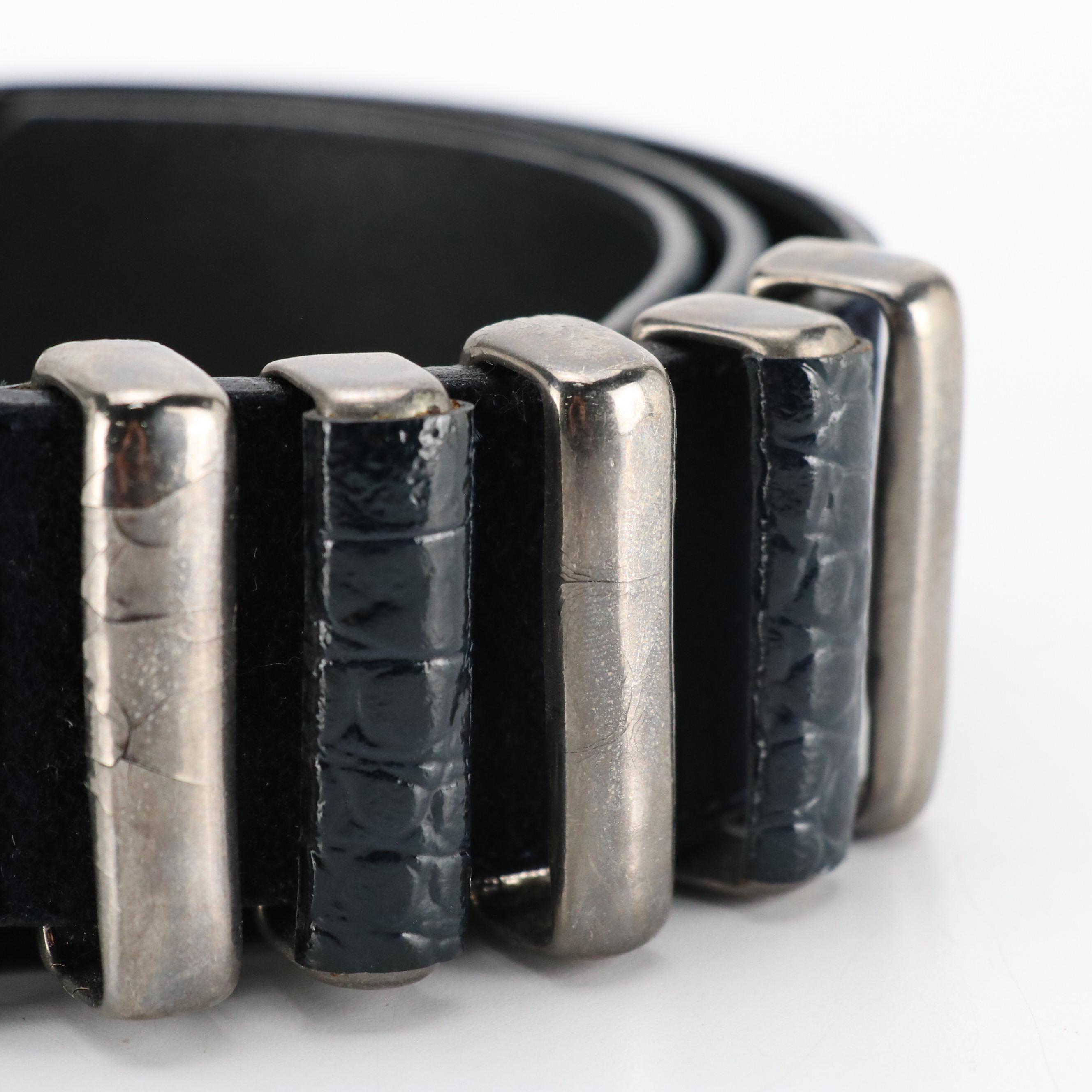 Escada Vintage Navy Blue Suede Belt with Metal and Crocodile Leather Accents