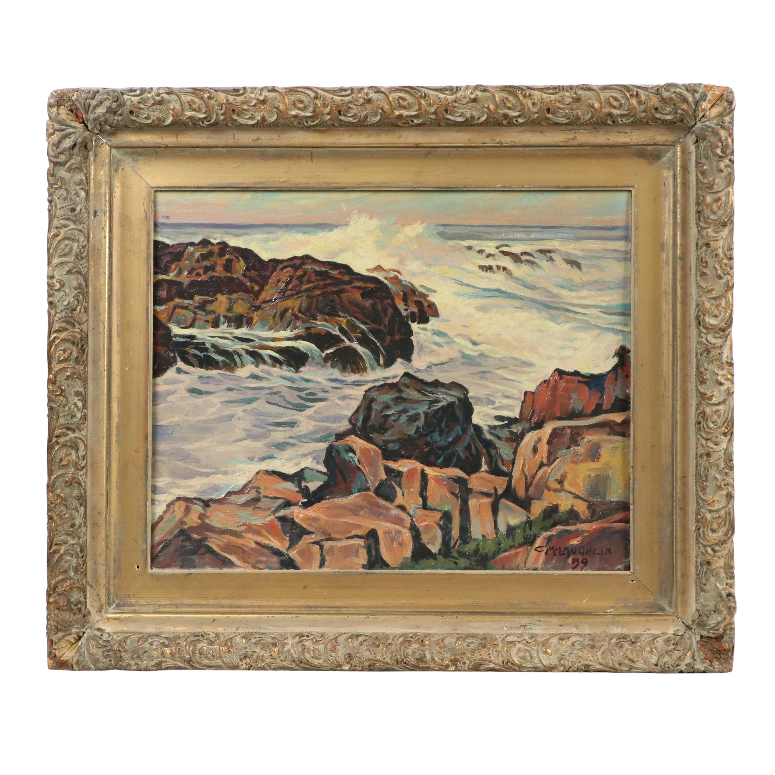 C. McLaughlin Rocky Landscape Oil Painting "Shore at Agonquit Maine," 1959