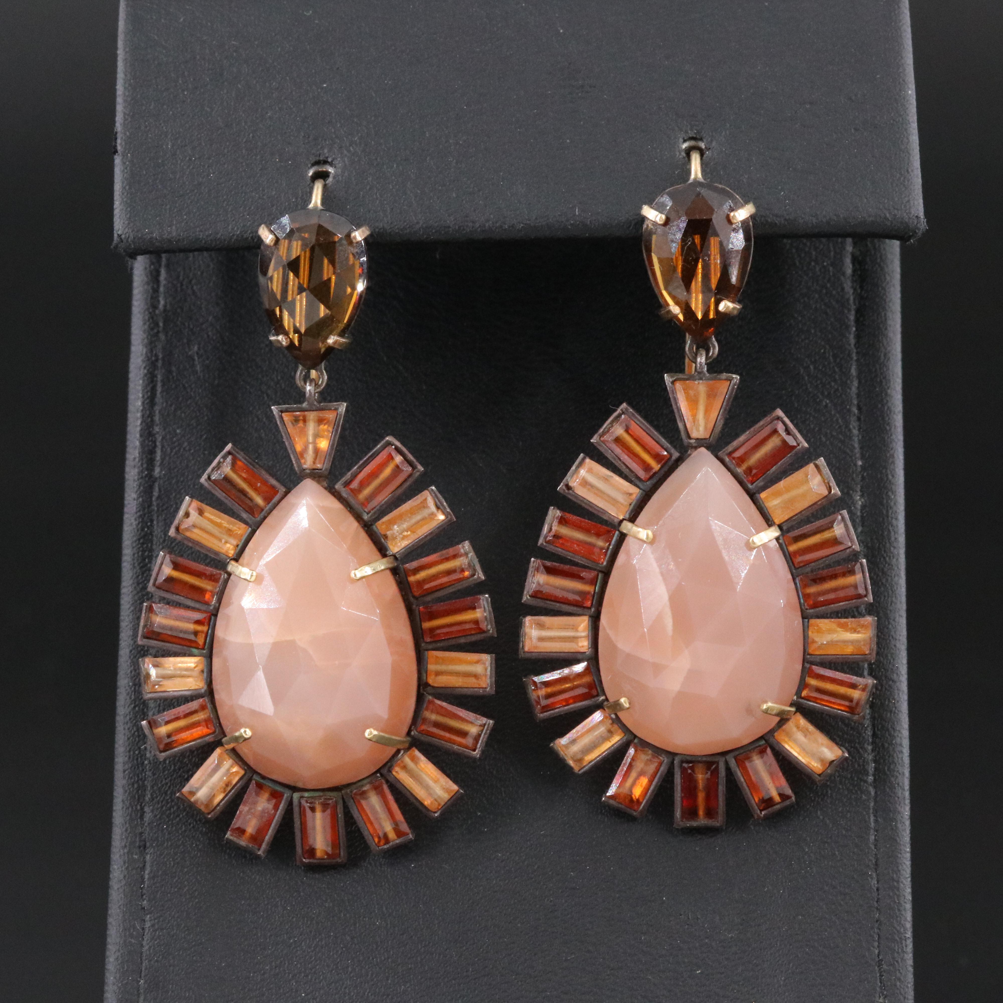 Moonstone and Hessonite Earrings with 18K Ear Wires