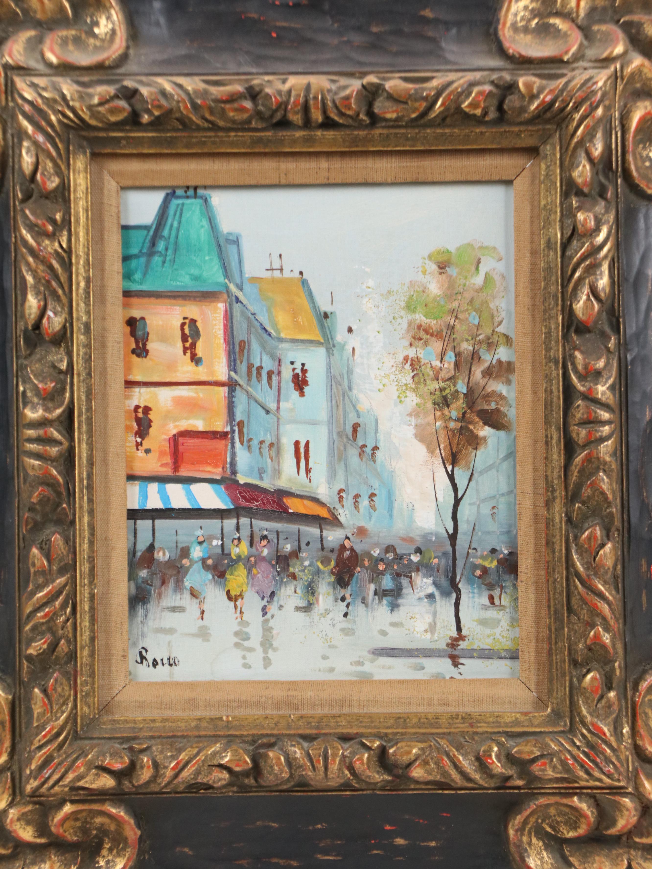 Rocco Stylized Oil Painting of Street Scene, Mid- to Late 20th Century