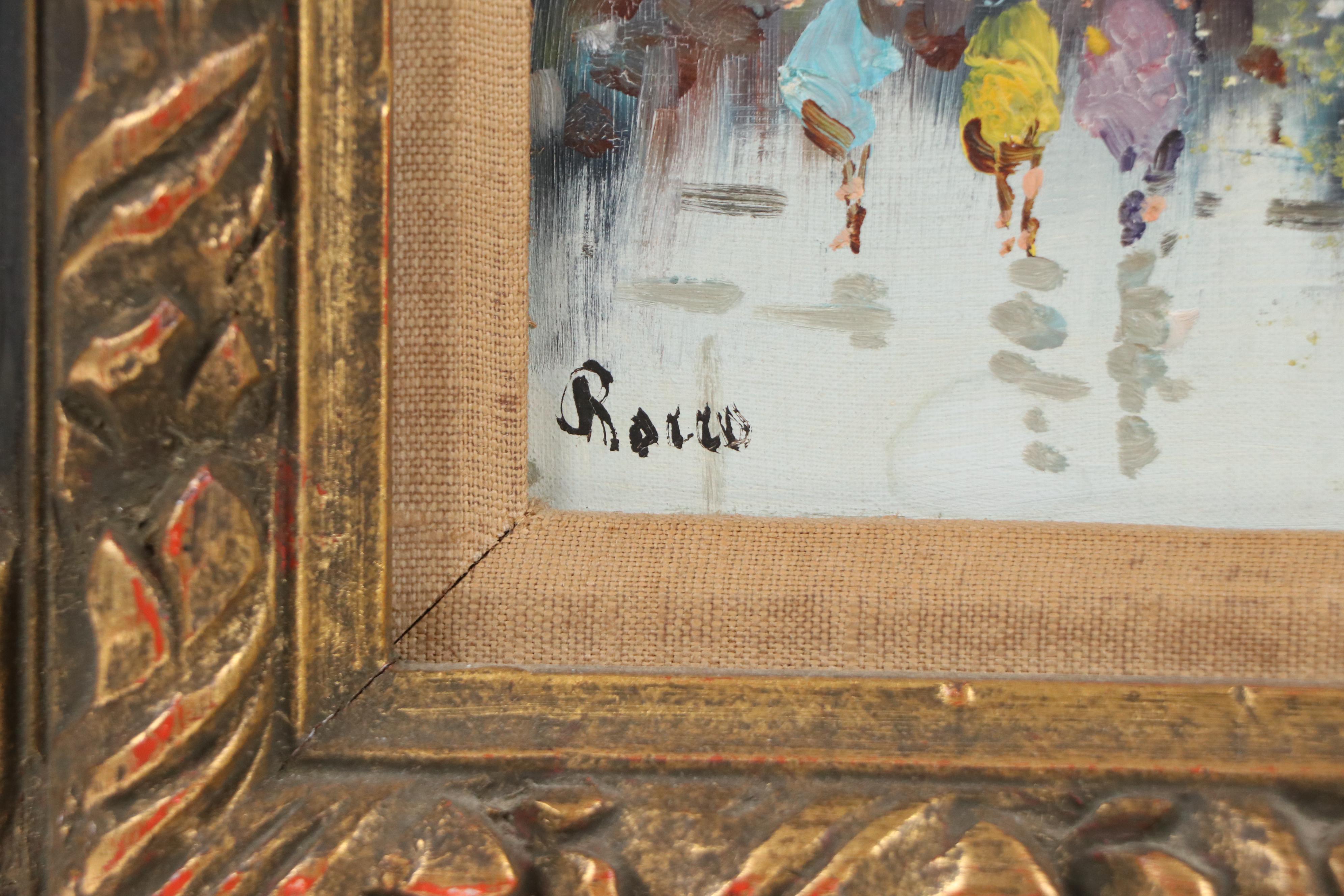 Rocco Stylized Oil Painting of Street Scene, Mid- to Late 20th Century