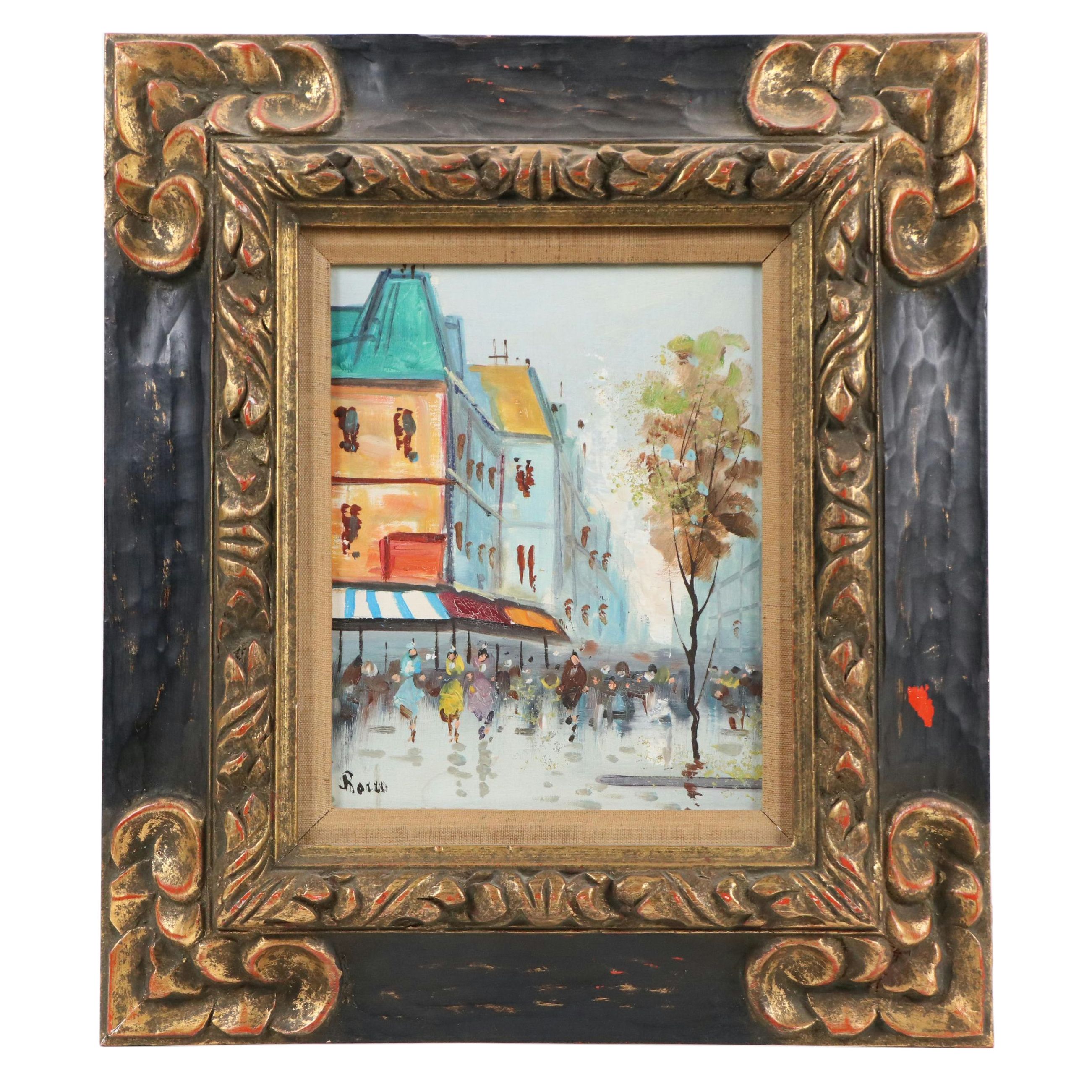 Rocco Stylized Oil Painting of Street Scene, Mid- to Late 20th Century