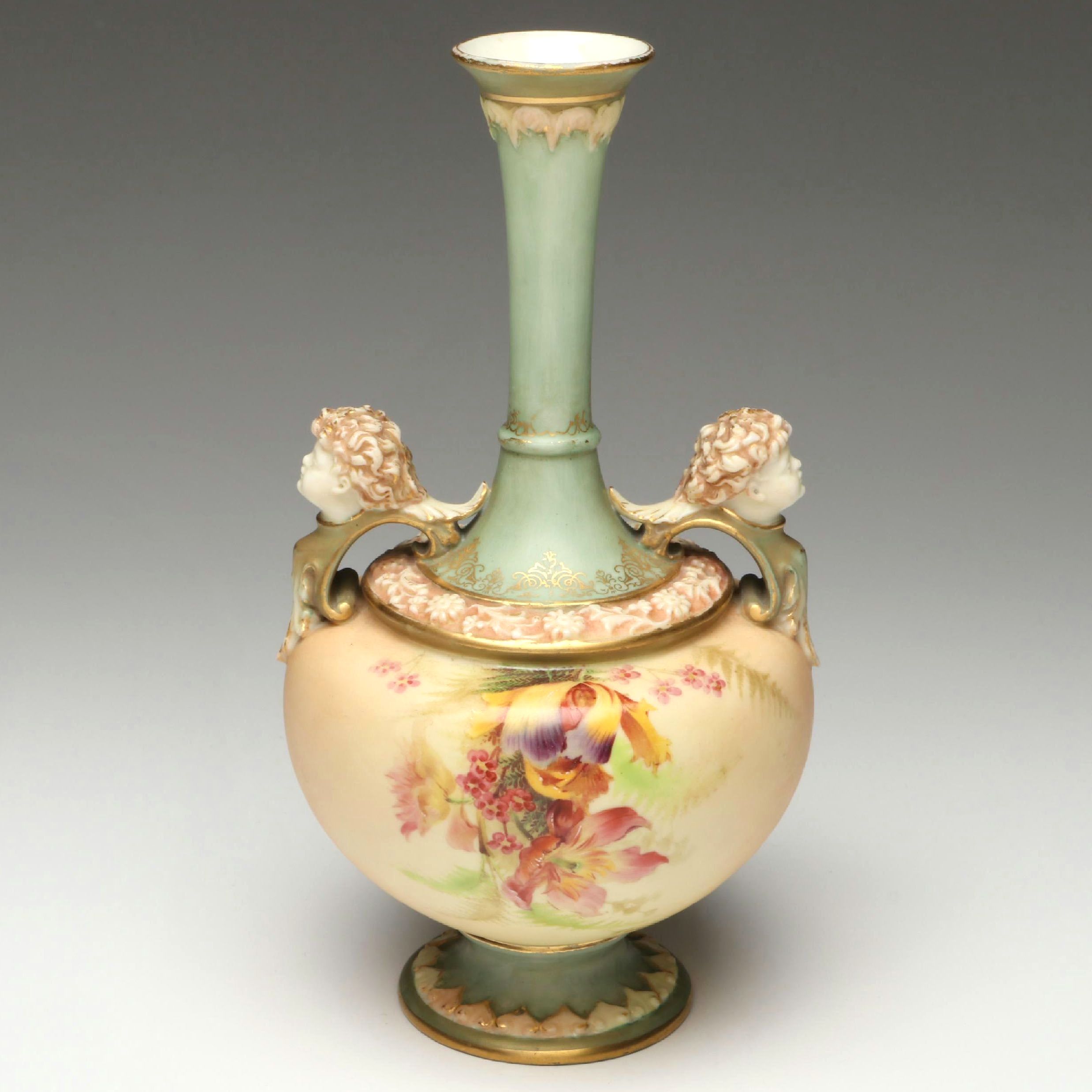 Royal Worcester Blush Ivory Porcelain Bud Vase with Cupid Head Handles