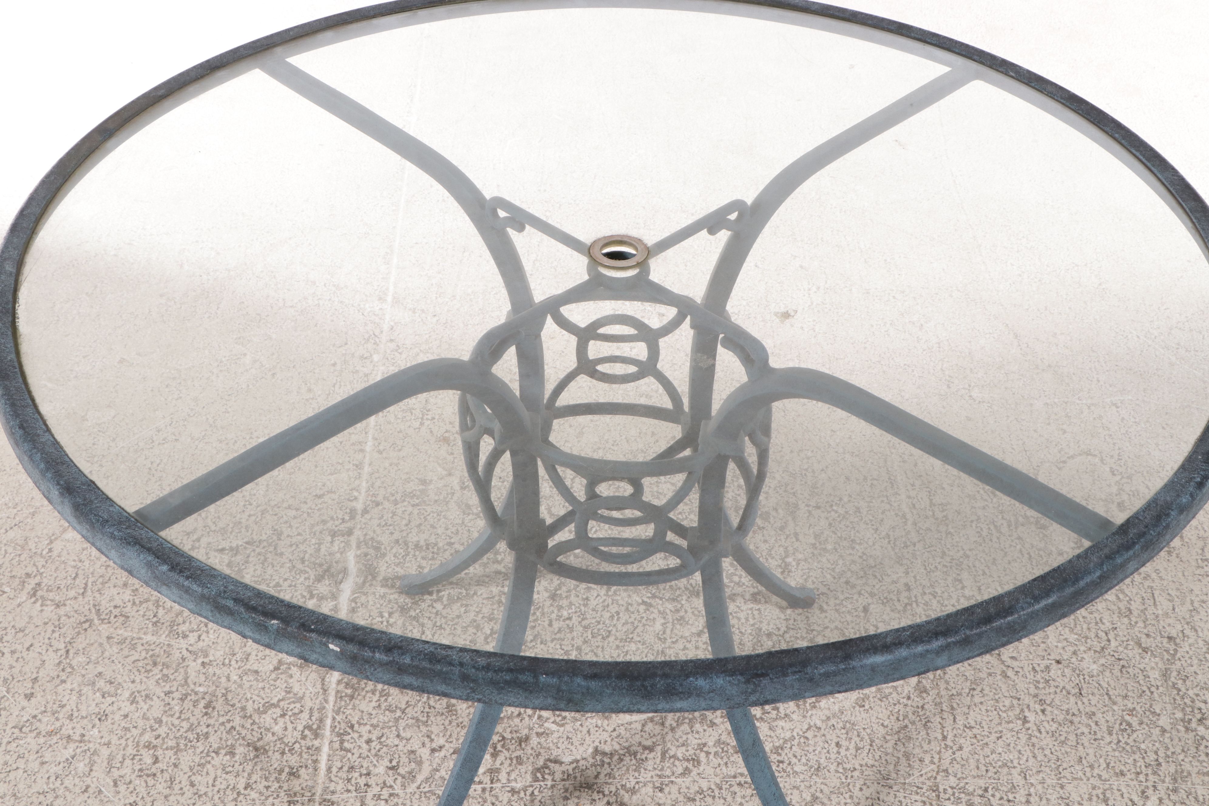 Five Piece Directoire Style  Patio Dining Set with Glass Top Pedestal Table