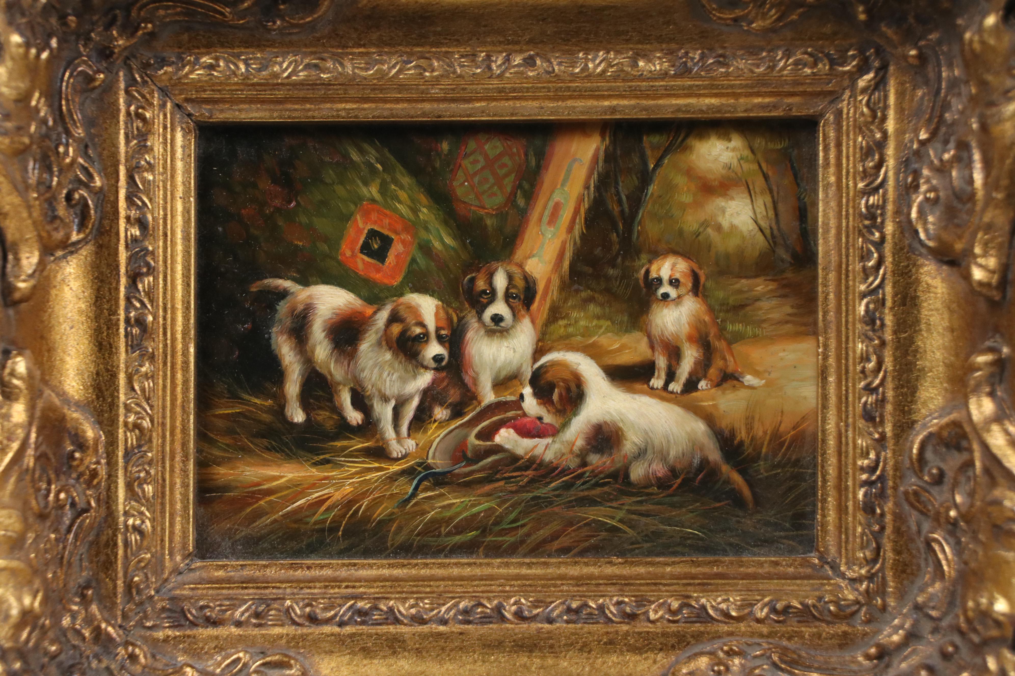 Genre Oil Painting of Puppies in Barn Scene