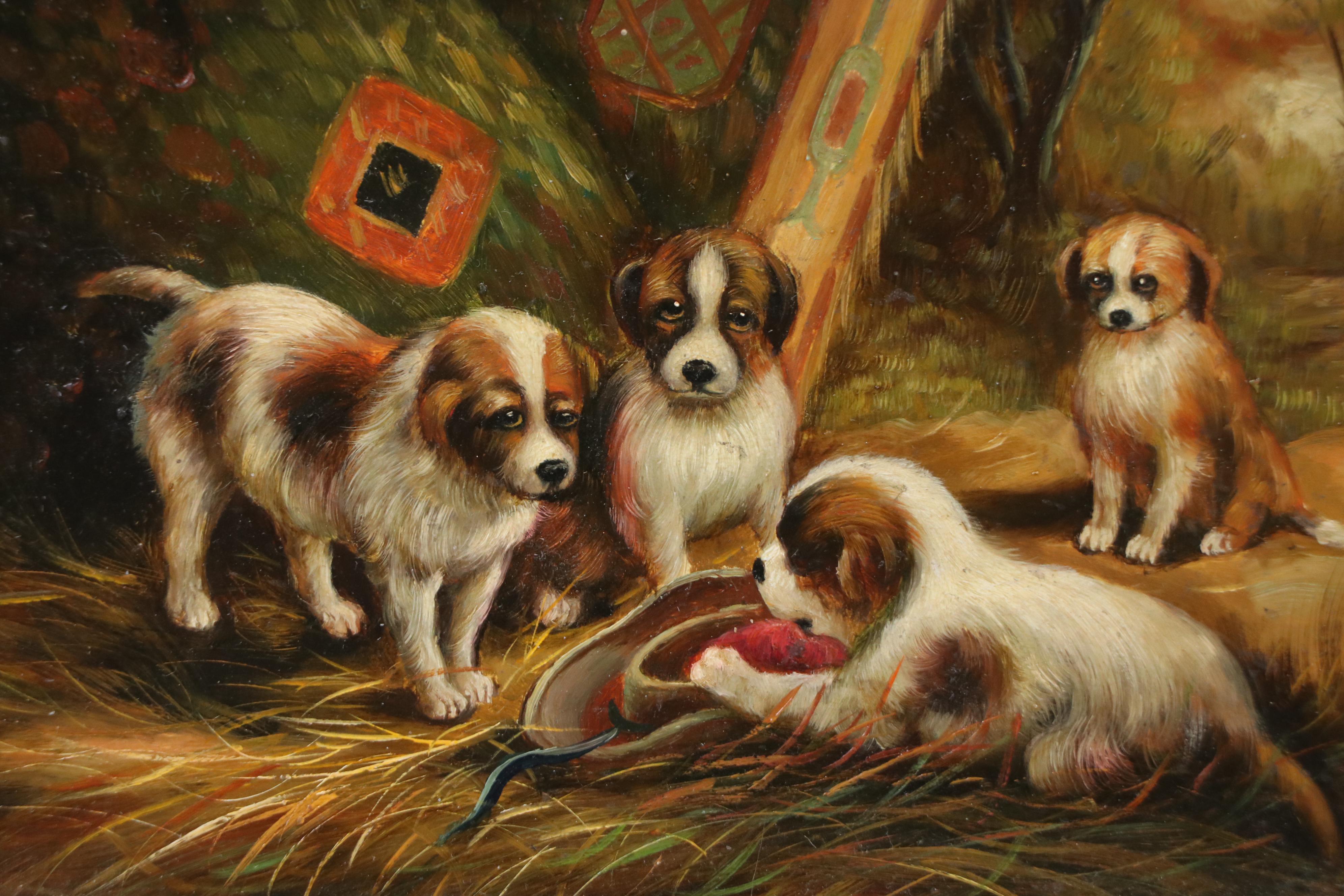 Genre Oil Painting of Puppies in Barn Scene