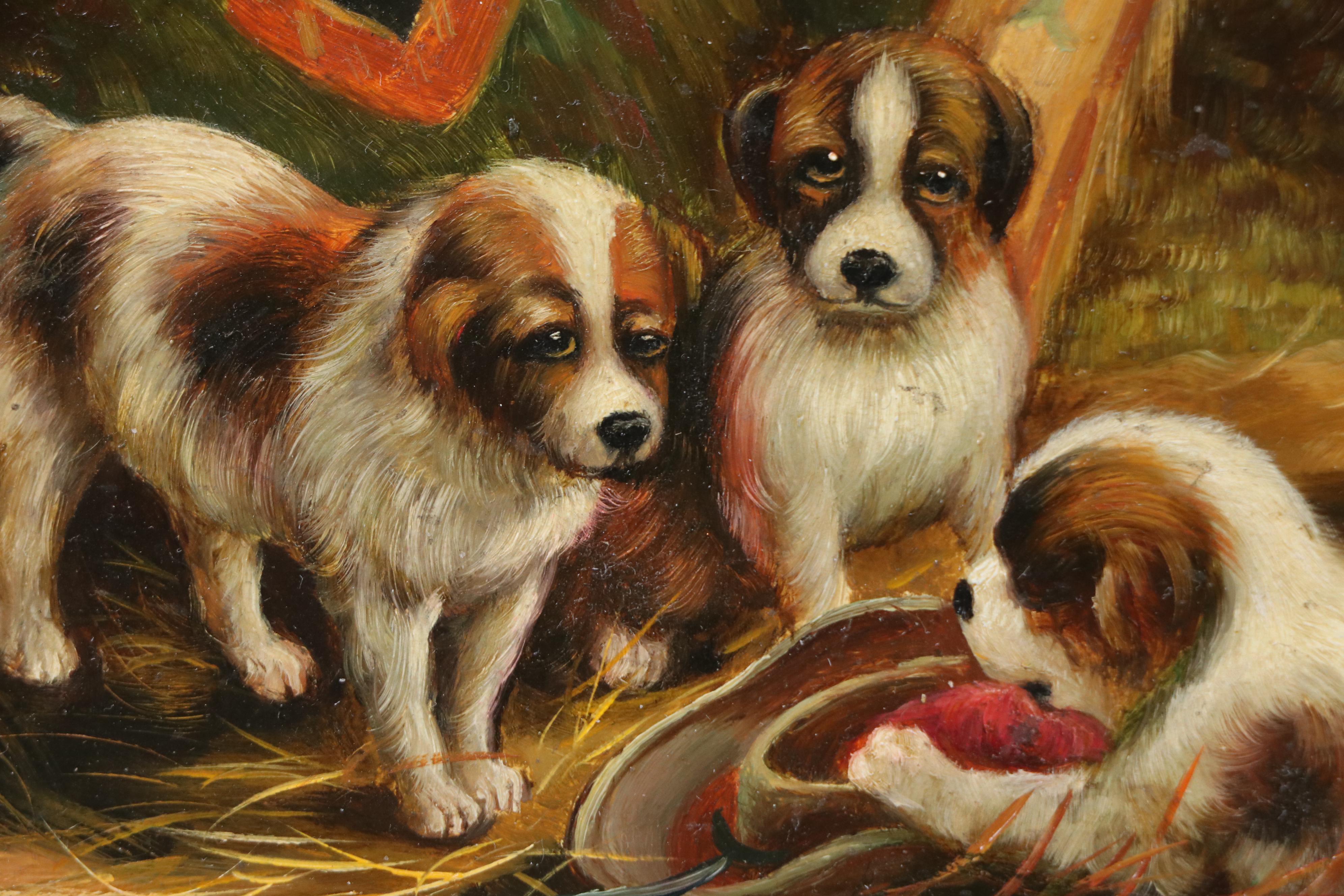 Genre Oil Painting of Puppies in Barn Scene