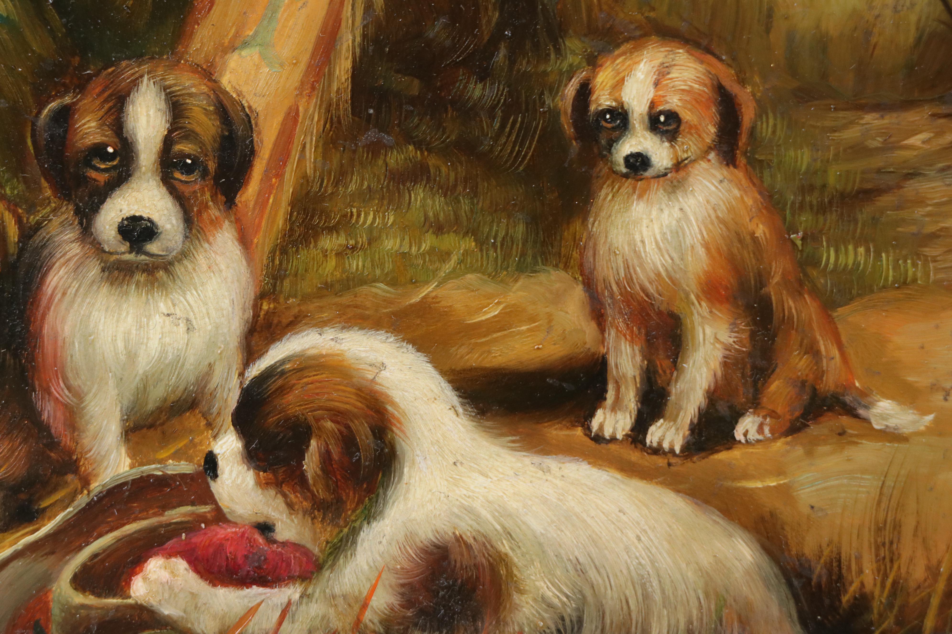 Genre Oil Painting of Puppies in Barn Scene