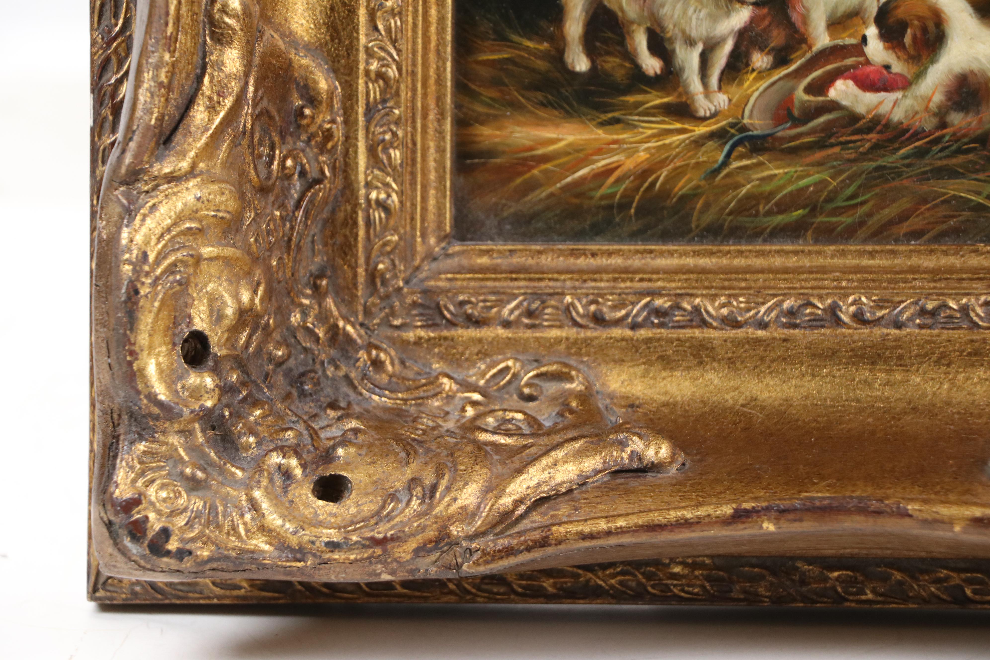 Genre Oil Painting of Puppies in Barn Scene