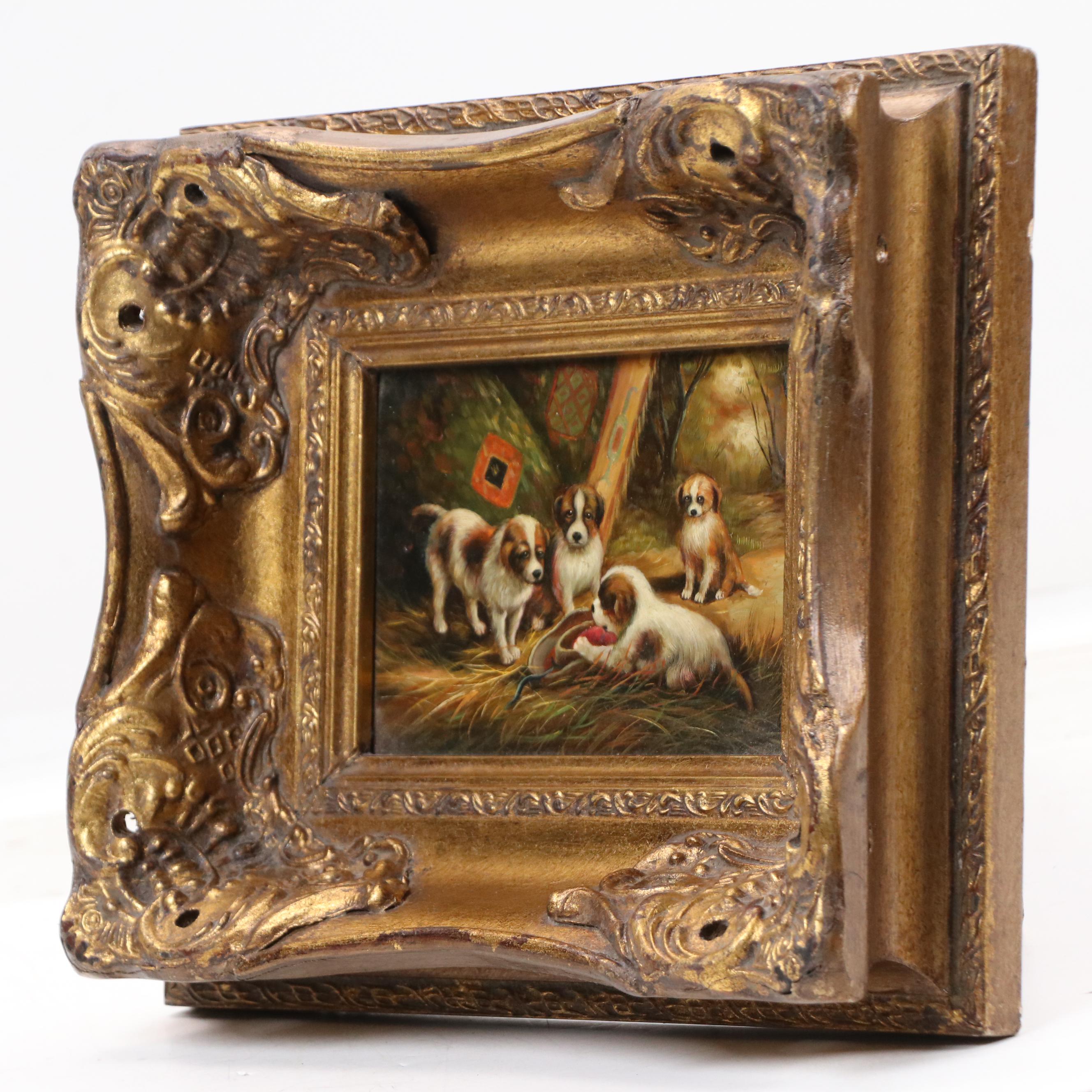 Genre Oil Painting of Puppies in Barn Scene